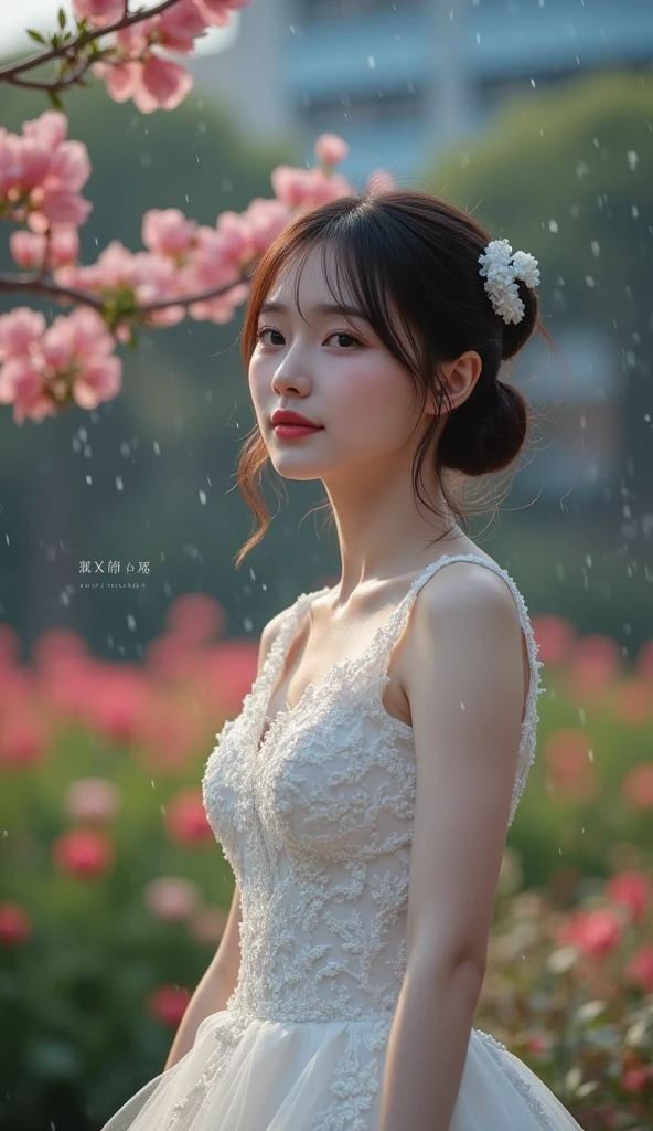 Highly detailed CG unity 8k wallpaper..., Highest quality, มีvery detailed, Masterpiece, realistic, photorealistic, very detailed, lovely young woman, (25 years old), Blush, weather, half body shot, white wedding dress, Stand and admire the night scenery.