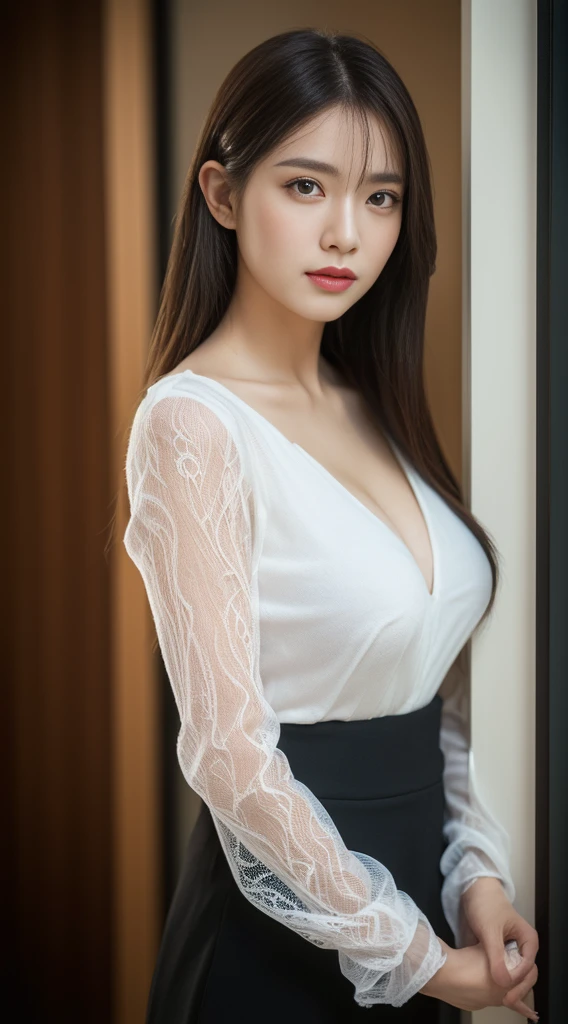 best quality, white skin, real human skin, (detailed face), oval face, pores, ultra high res, (8k, RAW photo, photorealistic:1.4), 1girl, slim, (large-breast:1.37, cleavage), (looking straight at viewer with a serene and goddess-like happiness:1.2, stylish model posing:1.3, arms behind back), (lifter gloss, eyelashes, gloss-face, best quality, ultra highres, Broad lighting, natural shading), lovely look, (black V-neck T-shirt:1.3, high-waist-box-skirt:1.3), cityscape, fashion street venue, arms behind back:1.3, burry background, bokeh, depth of field, (cowboy shot:1.3), centered image, perfect anatomy, perfect proportion,