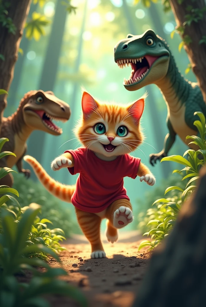 Cat wearing a red t-shirt, again in chasing dinosaurs in the forest , with a scared face