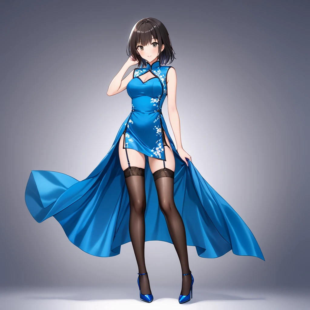  Blue China Dress in Silk Fabric with Large Slits、Yui Furukawa、 stockings、 garter belt、Blue Stiletto Heels 、