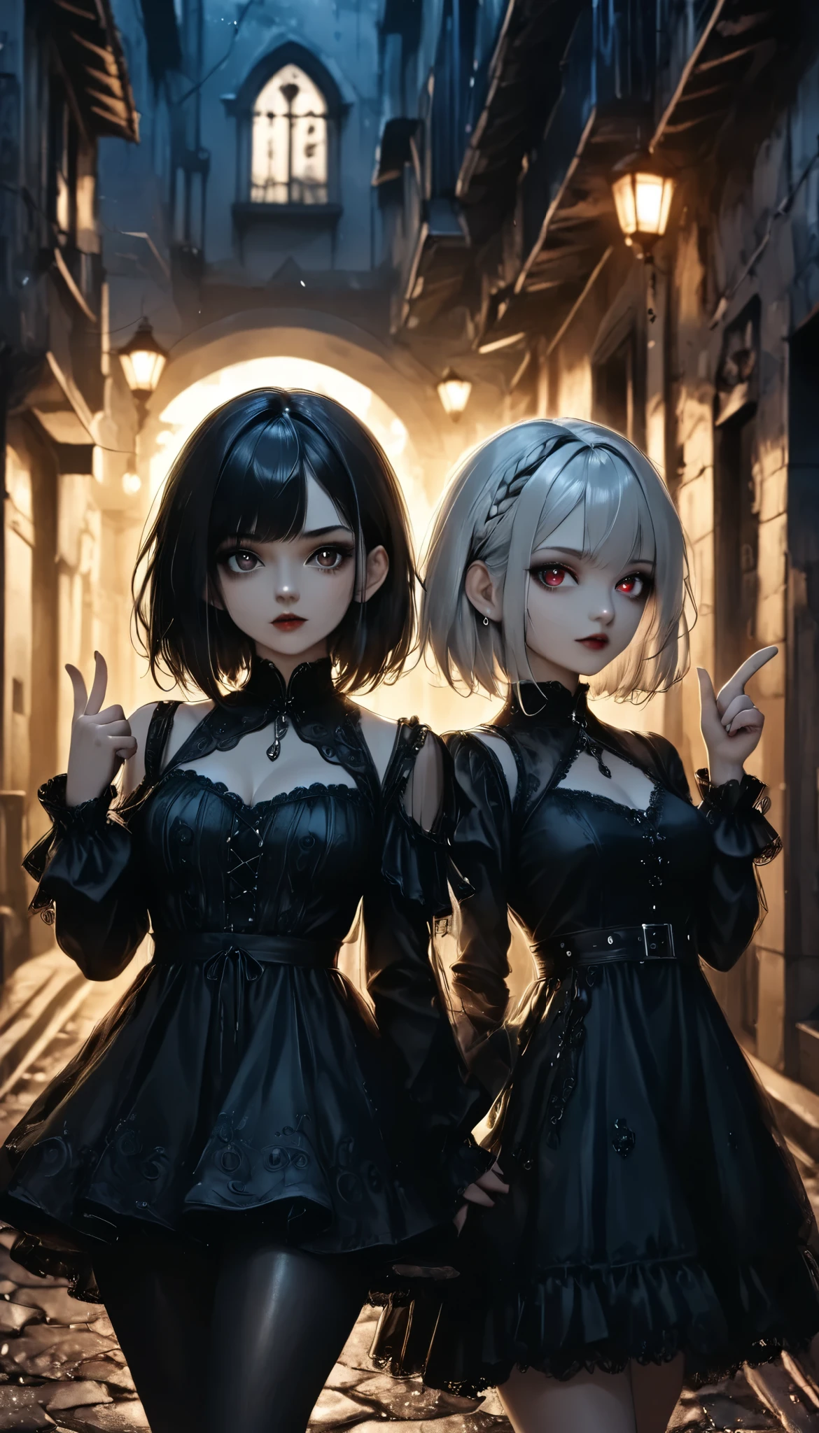 masterpiece, best quality, 8k, highres, ultra-detailed,HDR, UHD, professional,
drkgirl,dark gothic,
illustration, best quality, 2girls, arm in arm, pointing gesture, casual style, urban setting, dark lighting, fashion-focused
