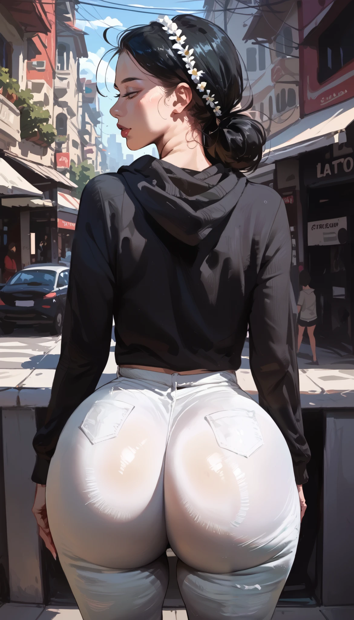 A beautiful girl with black hair on her back,  black legging pants ,  giant ass,  Wearing black clothes , black sweatshirt,  hottie