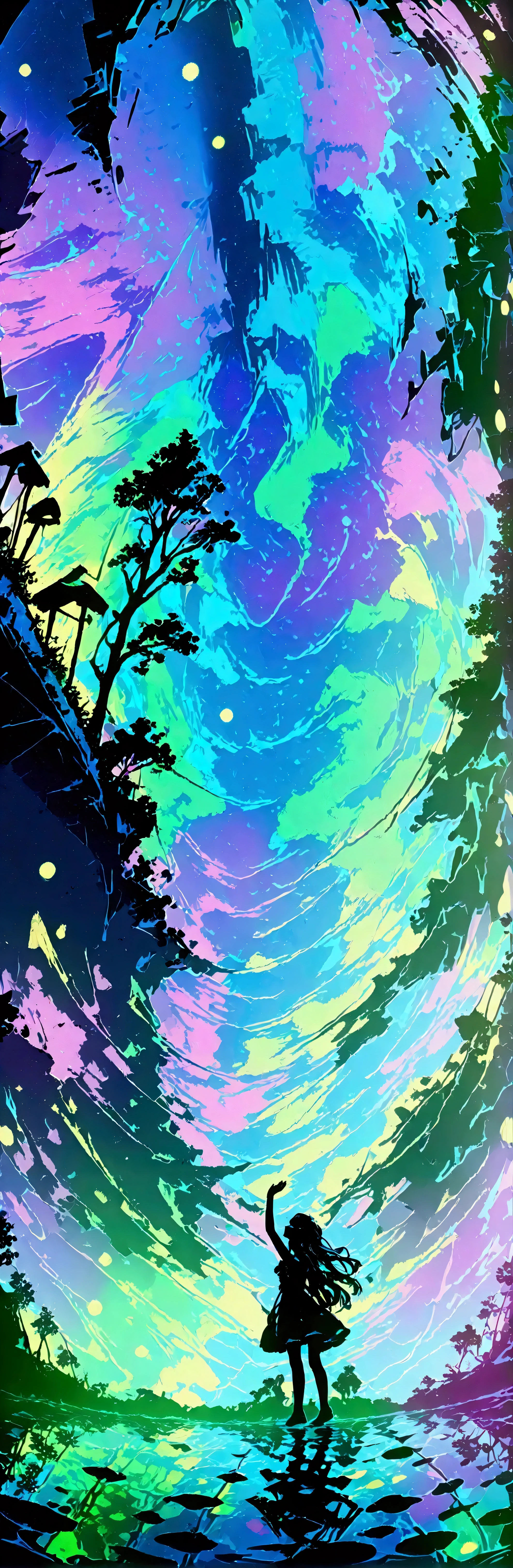 1girl\(cute,student,ager, JK, hair\(short,silver,floating\), cosmic colored eyes, black color uniform of school, pale skin, tired face with no shine in the eyes\) (looking up:1.4) sky, (crystal clear bubbles as if underwater are shining prism here and there in the sky), beautiful sky, ((huge:1.3) colorful photogenic aurora:1.5),(vivid color:1.4), there are (puddles at ground and the aurora reflecting:1.3) beautifully, Looking up from the back alley of a cramped slum to the wide open sky, summery colorful crystal flowers are blooming here and there, you can see flowing wind shining, stars sparkling in the sky,from below.(fisheye-lens:1.3). BREAK .quality\(8k,wallpaper of extremely detailed CG unit, masterpiece,hight resolution,top-quality,top-quality real texture skin,hyper realisitic,increase the resolution,RAW photos,best qualtiy,highly detailed,the wallpaper,cinematic lighting,ray trace,golden ratio\)