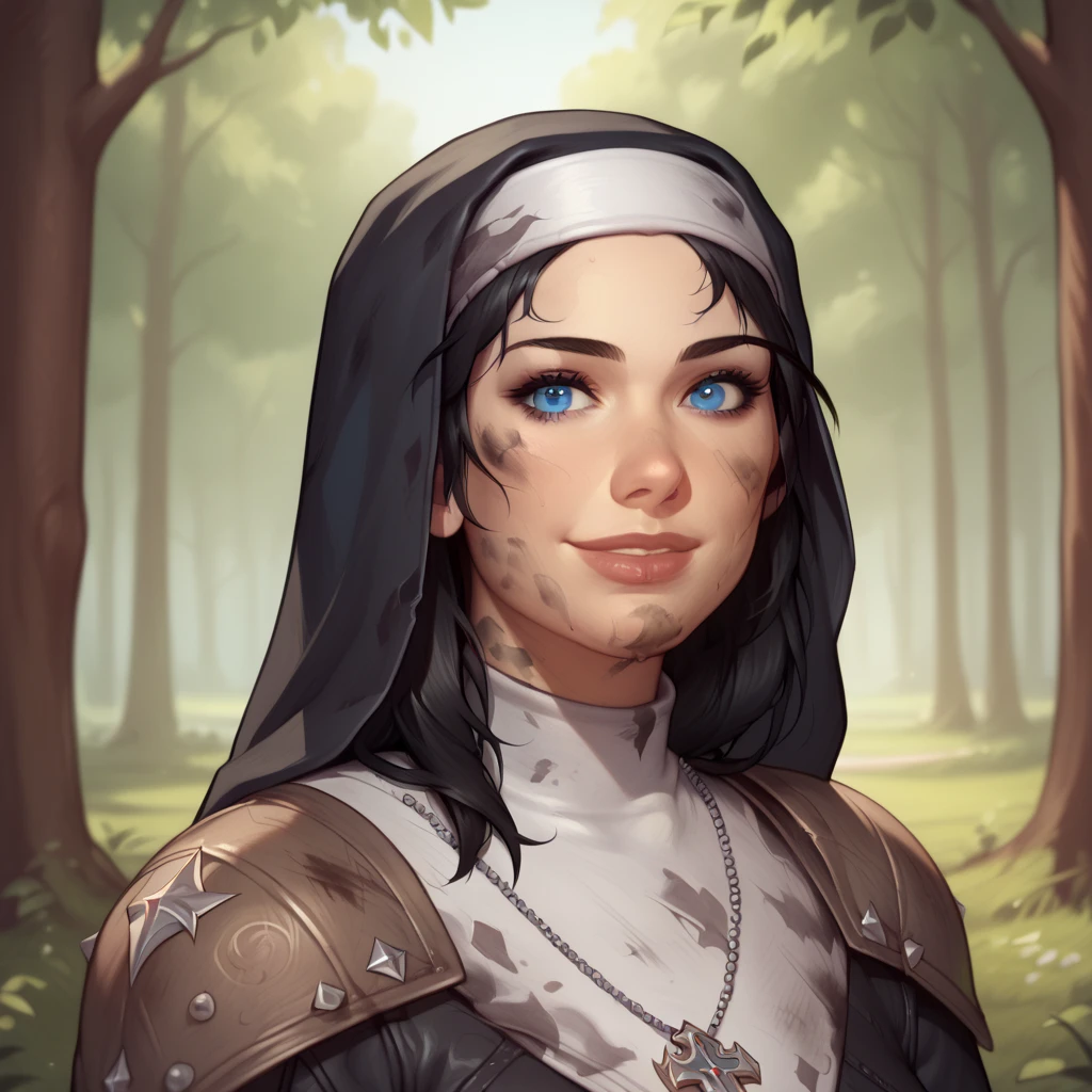 (((beautiful, high quality, comics style, detailed face))), score_9, score_8_up, score_7_up, BREAK, 1girl, duxlipa, warrior nun, small pointed ears, black hair, blue eyes, leather armor, leather shoulder pads, patterns on armor, simple pendant, nun veil, smile, docile, dirty, dusty, female focus, solo:1.4, portrait, upper body, portrait, looking at the viewer, forest background, fantasy, blurred background, Expressiveh, detailxl, DeepNegative_xl_v1