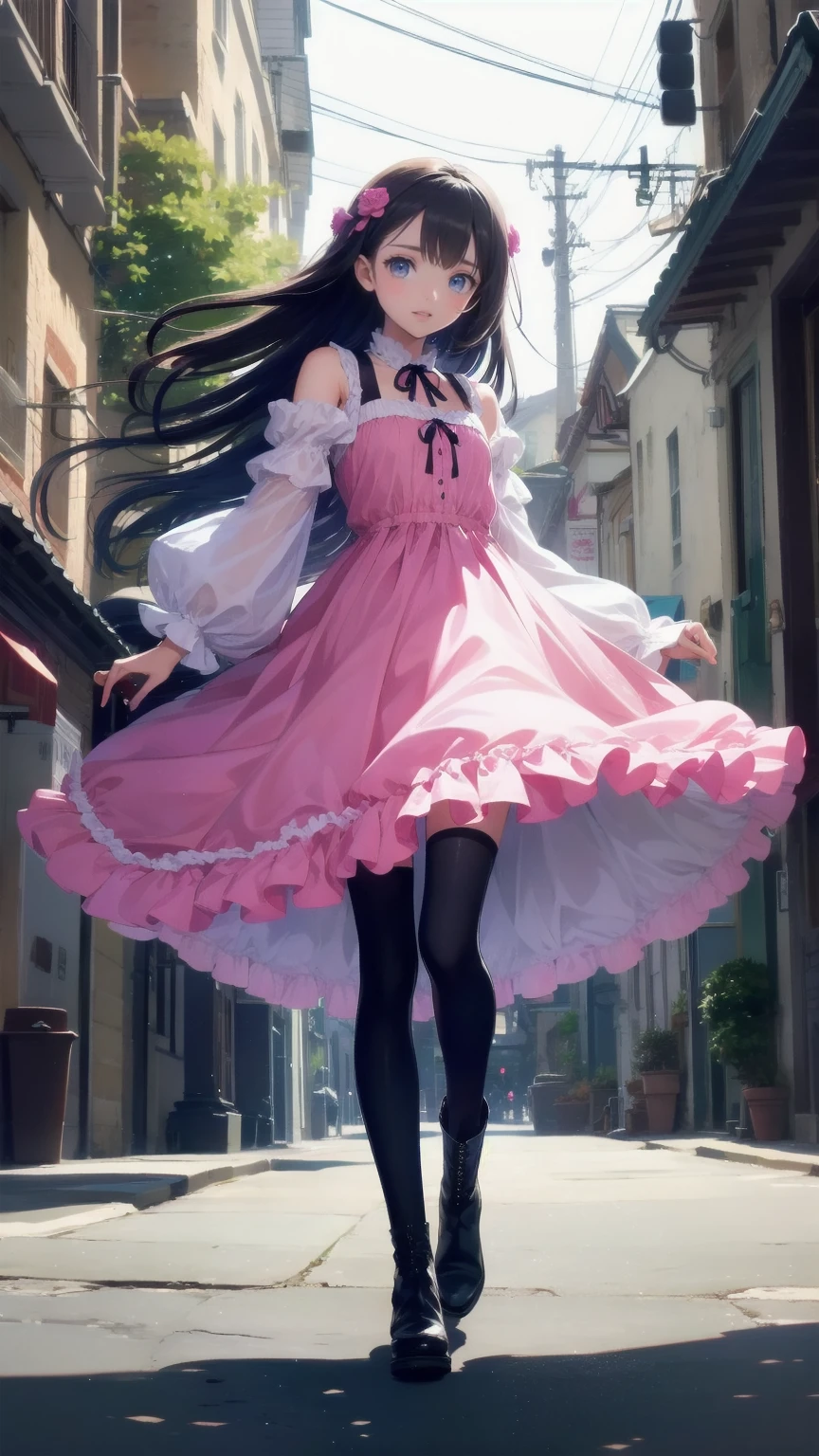 、 beautiful girl、とてもcute天使、 pink gothic dress 、cute、baby face、smile、 long skirt、 black long boots 、
