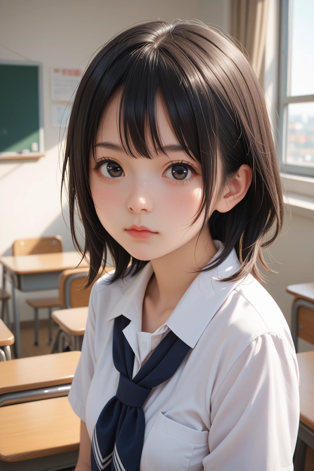 score_9,score_8_up,score_7_up,BREAK, rating_safe,source_real,one girl,tiny,medium shot,round face,round chin,idol eyes,black eyes,school uniform,small nose,small mouth,straight hair,looking at viewer,medium breasts,indoors