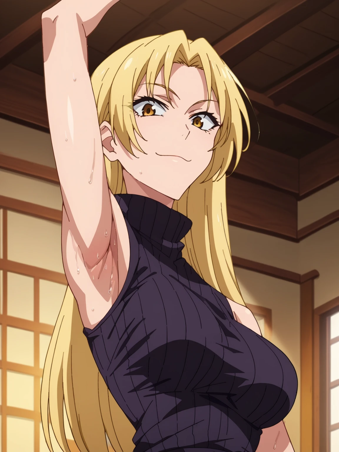 score_9, score_8_up, score_7_up, source_anime, anime screencap, 1girl, solo, Yuki Tsukumo, long hair, blonde hair, yellow eyes ,black sweater, ribbed sweater, turtleneck, sleeveless, medium breasts,arm up, raised arm, armpit, looking at viewer, smile, closed mouth, indoors, from side, from below, badhandv4, sweaty armpits
