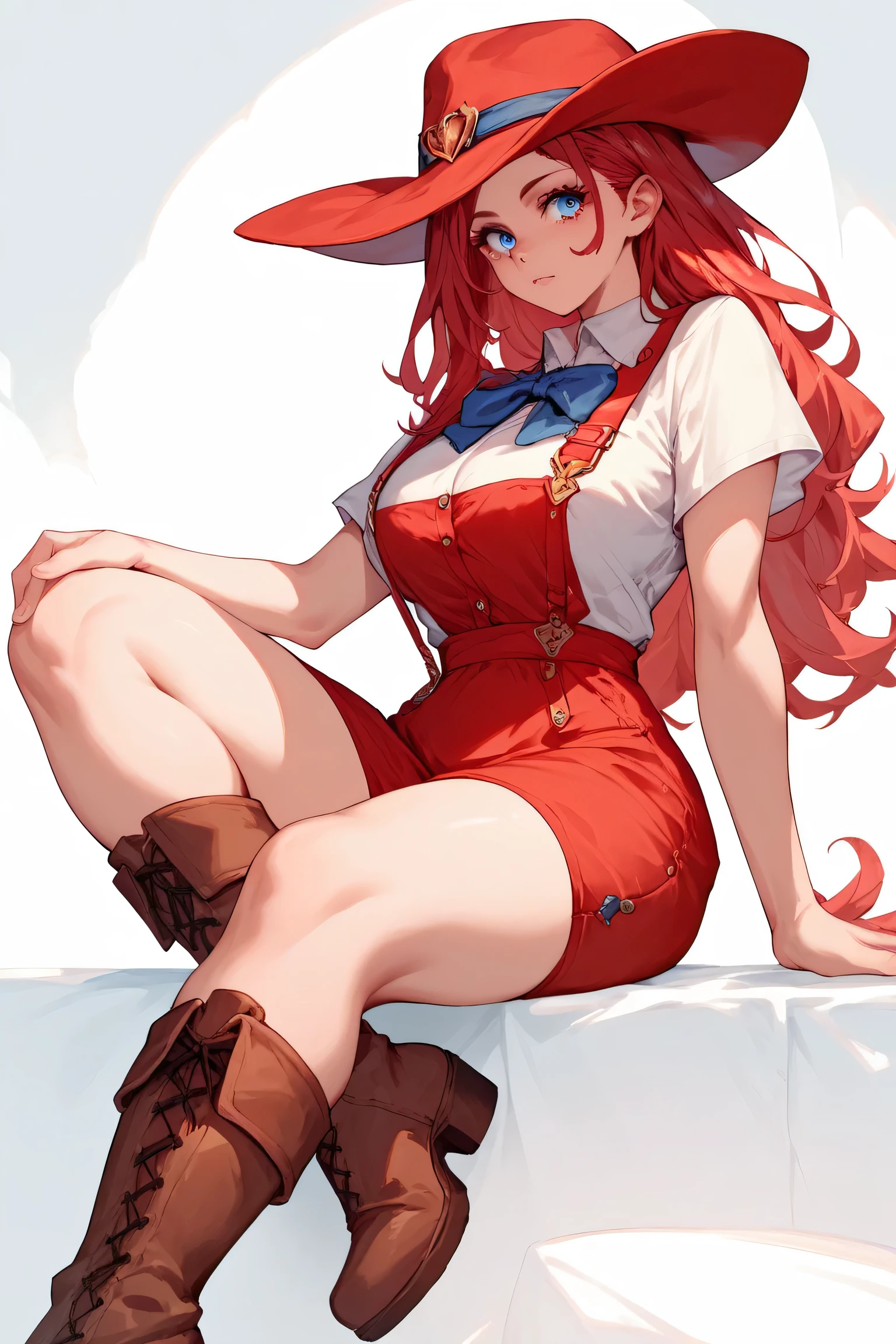Woman, long red hair, blue eyes, red hat, suspenders, red dress, brown boots with fur, cowboy style, sitting, anime style, curvy body