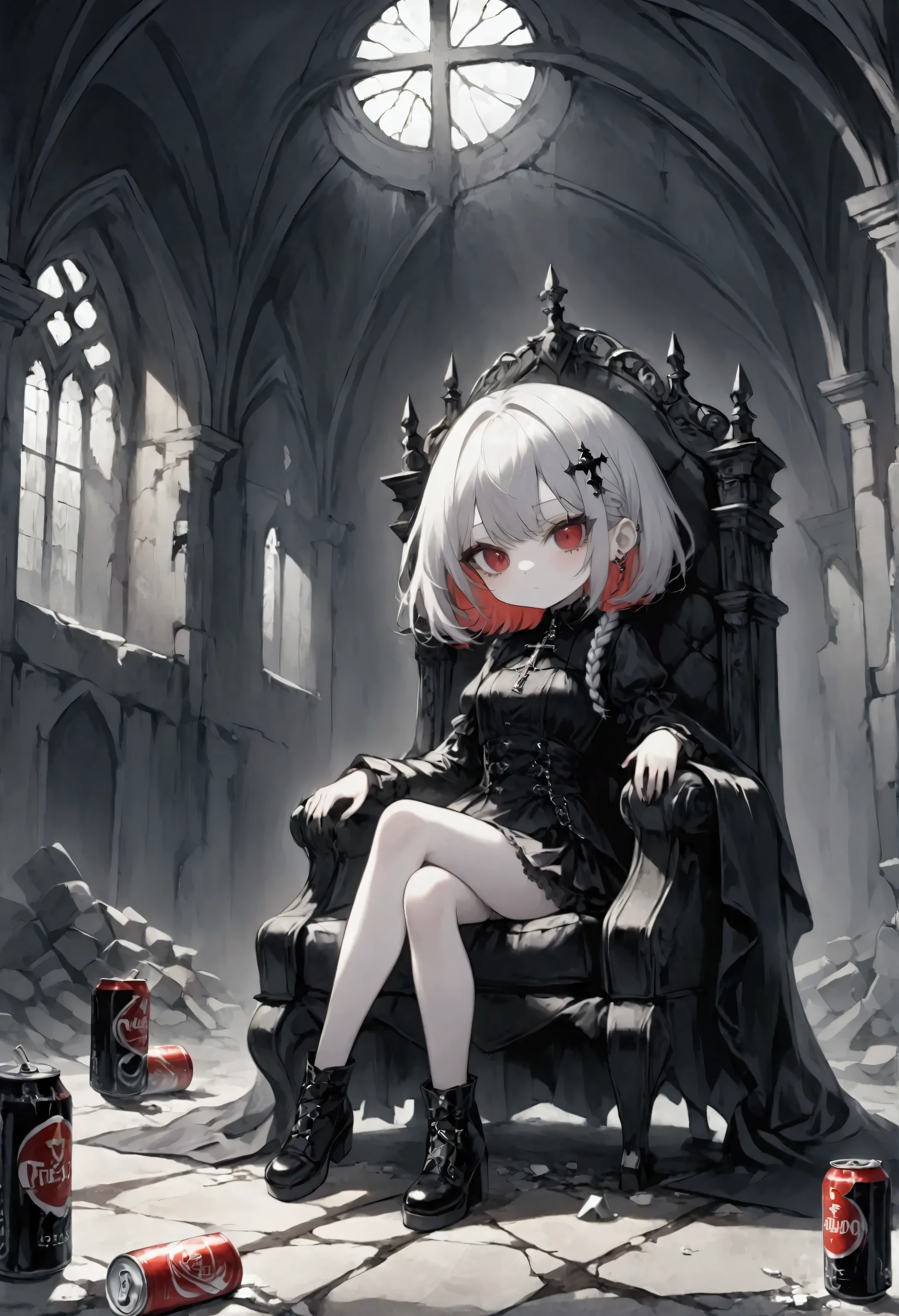 illustration, dark gothic theme,best quality, chibi character, wink,layered bob hair,side braid hair,holding a dark gothic theme, ground shot,1girl,Transparent white skin,derelict room,sitting chair, cross-legged, Magnificent churches, stately thrones, edgy and mysterious mood, subtle shadows, empty beverage cans and cigarette butts scattered around, fits goth-punk aesthetic