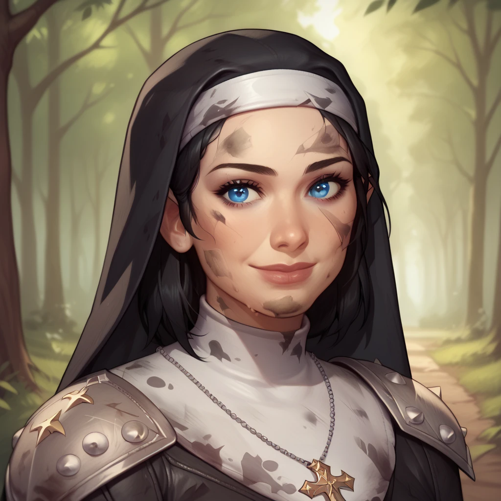 (((beautiful, high quality, comics style, detailed face))), score_9, score_8_up, score_7_up, BREAK, 1girl, duxlipa, warrior nun, small pointed ears, black hair, blue eyes, leather armor, leather shoulder pads, patterns on armor, simple pendant, nun veil, smile, docile, dirty, dusty, female focus, solo:1.4, portrait, upper body, portrait, looking at the viewer, forest background, fantasy, blurred background, Expressiveh, detailxl, DeepNegative_xl_v1