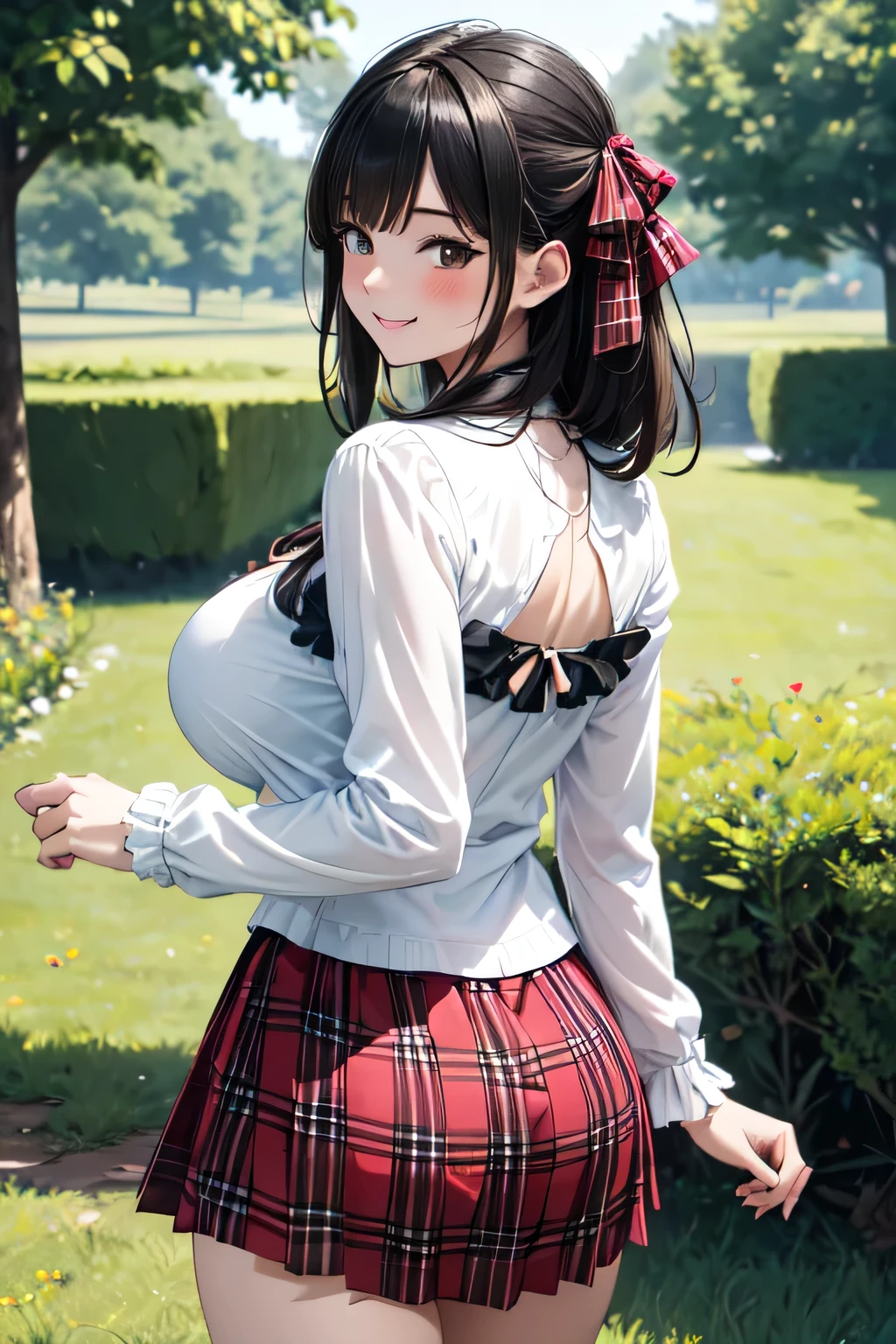 very cute and beautiful girl,(highly detailed beautiful face),(smile),blush,cowboy shot, (white blouse with detailed frills),long sleeve BREAK standing,(from behind,looking back),leaning forward,white panties,looking at viewer, hair ribbon,black hair,(scarlet plaid mini skirt:1.15) BREAK flower garden,grassland,countryside,fence, (best quality,masterpiece),absurdres,highres,ultra-detailed,extremely detailed,32k,8k resolution, intricate details,cinematic scene,detailed background,solo,dynamic angle, gigantic breasts / large breasts