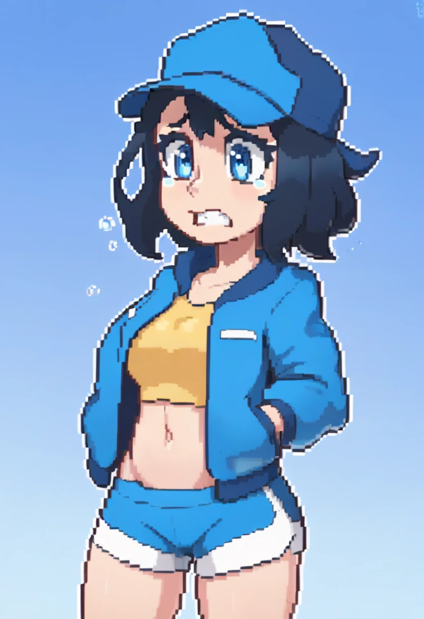 (girl)、(nudist)、enjoy、please be shy、Laughing 、belly button、baseball cap、tennis、sneakers、hitch-hike