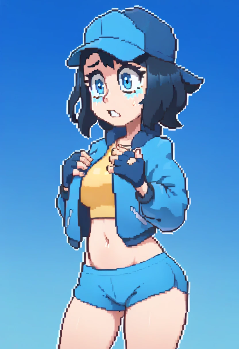 score_9, score_8_up, score_7_up, source_anime, best quality, clear face,fast skinny girl,black hair, blue eyes, medium hair, large breasts, perfect body, standing, embrassed nervous,slightly scared, yellow shirt underneath blue short jacket,blue mini shorts, indoor, pose,cool,simple design,cute, thick legs, hat cap,blue cap,exposed belly,bright blue cool fingerless gloves,covering jacket,light blue,closed jacket,birght colors,