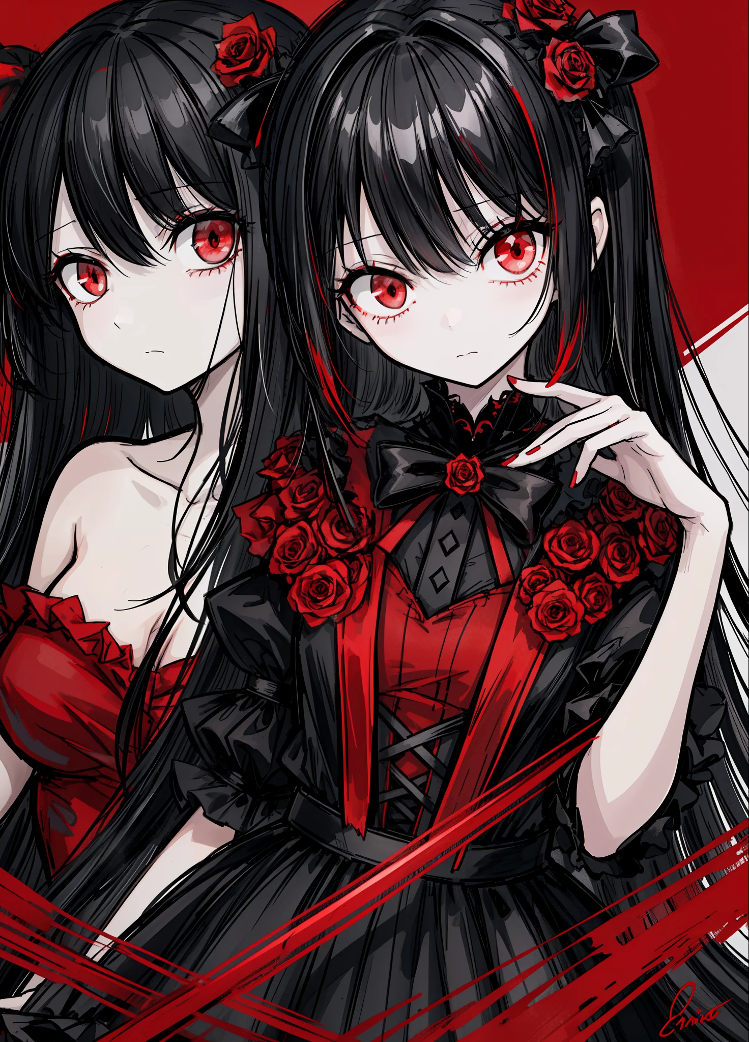 1girl, black hair, (red eye) ,red rose, Red bow, black noble dress ,pale skin,
(high resolution, high detail, best quality), mysterious, elegant, shy