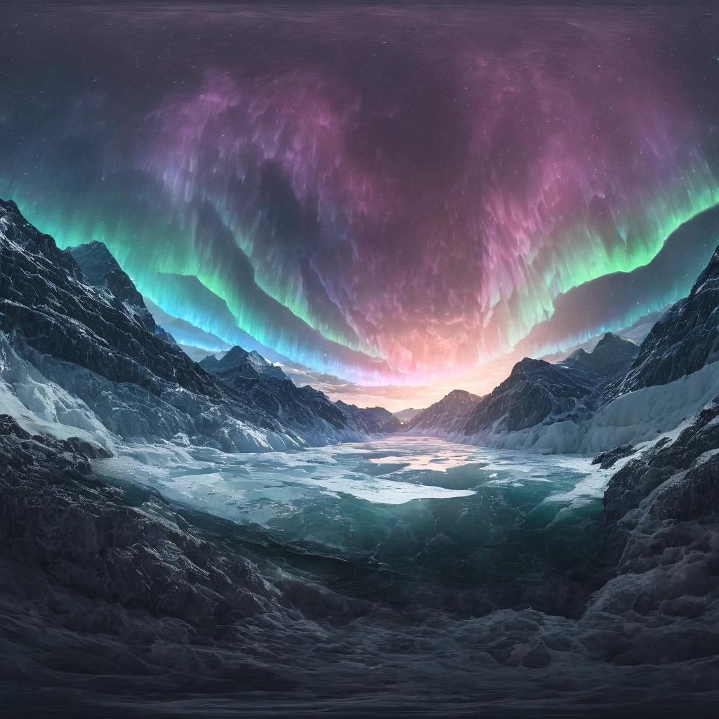 a dramatic landscape of a plunging glacier in a fjord valley, with a breathtaking aurora borealis shimmering in the night sky above, cinematic 360 degree camera view, dramatic lighting, highly detailed, photorealistic, moody atmosphere, stunning colors, serene, epic scale, masterfully composed