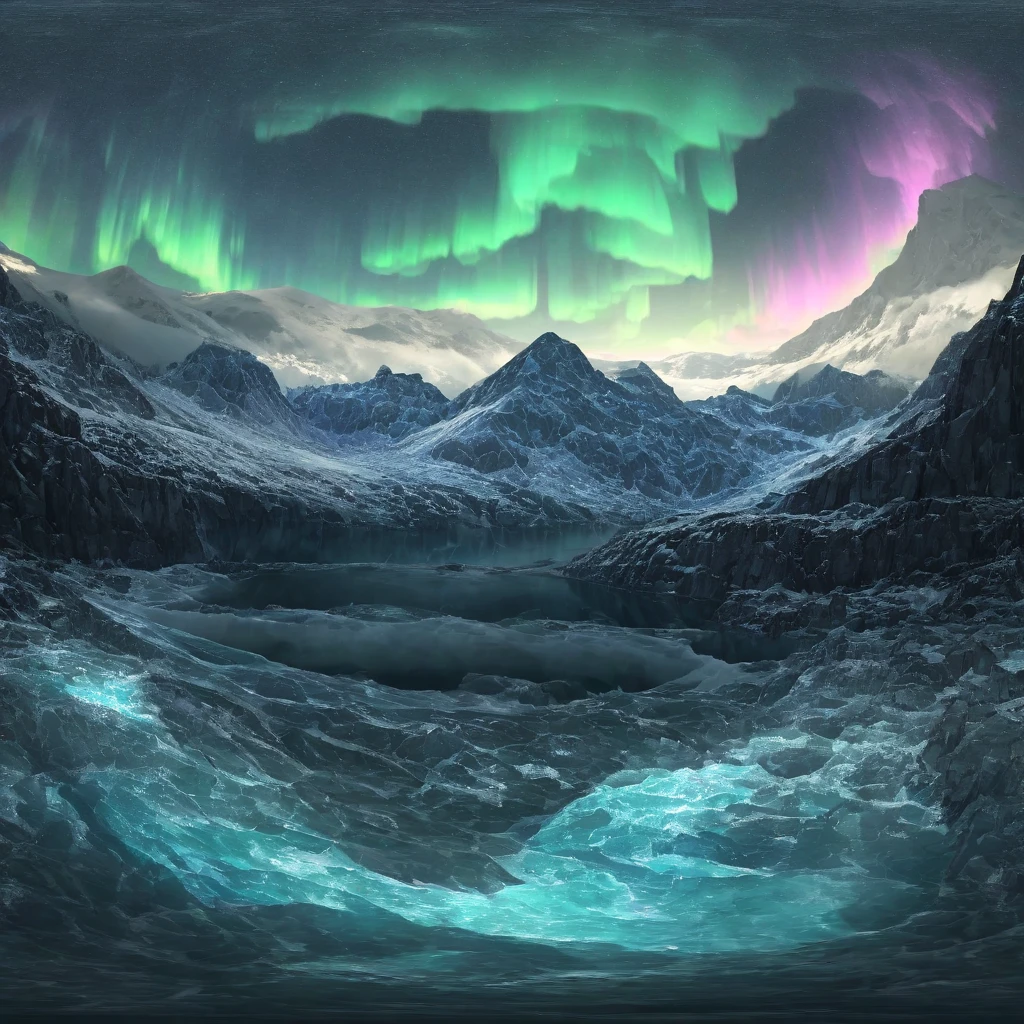 a dramatic landscape of a plunging glacier in a fjord valley, with a breathtaking aurora borealis shimmering in the night sky above, cinematic 360 degree camera view, dramatic lighting, highly detailed, photorealistic, moody atmosphere, stunning colors, serene, epic scale, masterfully composed