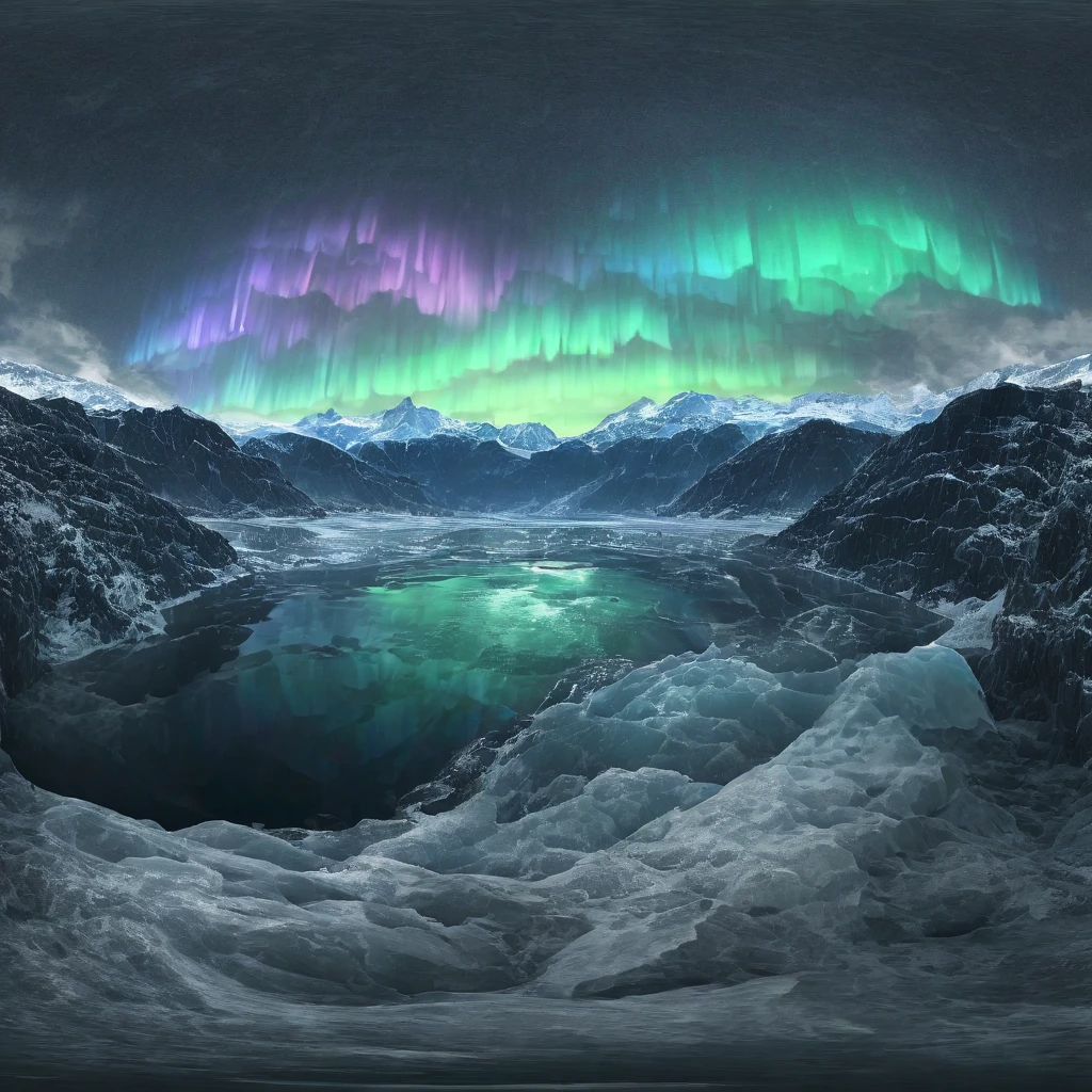 a dramatic landscape of a plunging glacier in a fjord valley, with a breathtaking aurora borealis shimmering in the night sky above, cinematic 360 degree camera view, dramatic lighting, highly detailed, photorealistic, moody atmosphere, stunning colors, serene, epic scale, masterfully composed