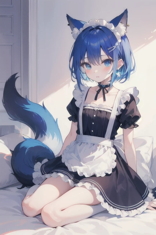 best quality,best resolution,(fluffy anthro furry :1.6),(young :1.6),fox girl,small breasts,light blue hair,long hair.wavy hair,blue eyes,light blue fur,maid headdress,maid gloves,(white stockings),(black bikini with ruffles),(black ruffles mini skirt),black pantie,(mini maid apron),luxury bedroom,romantic light,looking back,full face blush,shy face,heart eyes,close eyes,heart expression eyes,lying on bed,close eyes,heavy breath,open belly,upper body only