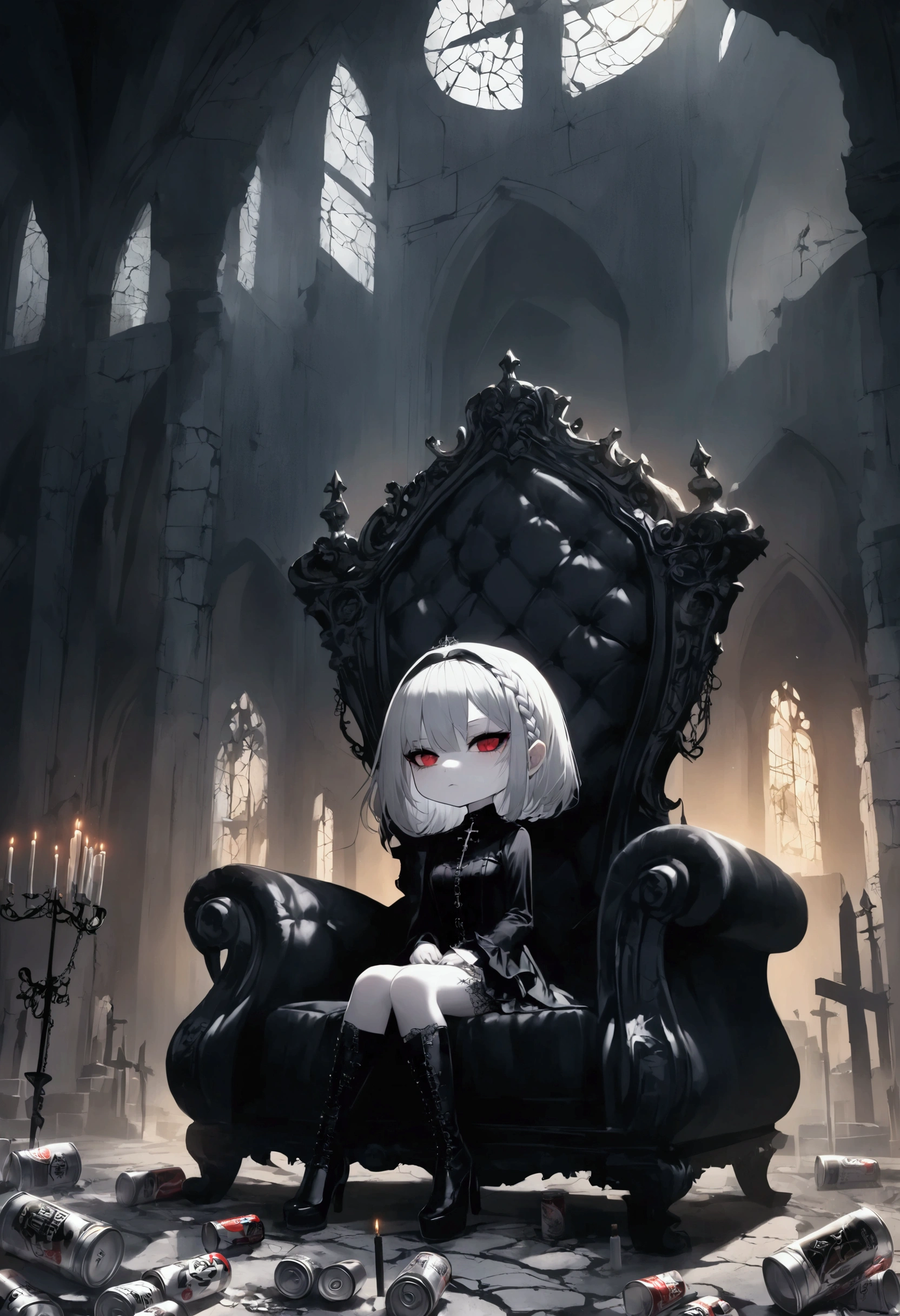 illustration, dark gothic theme,best quality, chibi character, wink,layered bob hair,side braid hair,holding a dark gothic theme, ground shot,1girl,Transparent white skin,derelict room,sitting chair, cross-legged, Magnificent churches, stately thrones, edgy and mysterious mood, subtle shadows, empty beverage cans and cigarette butts scattered around, fits goth-punk aesthetic