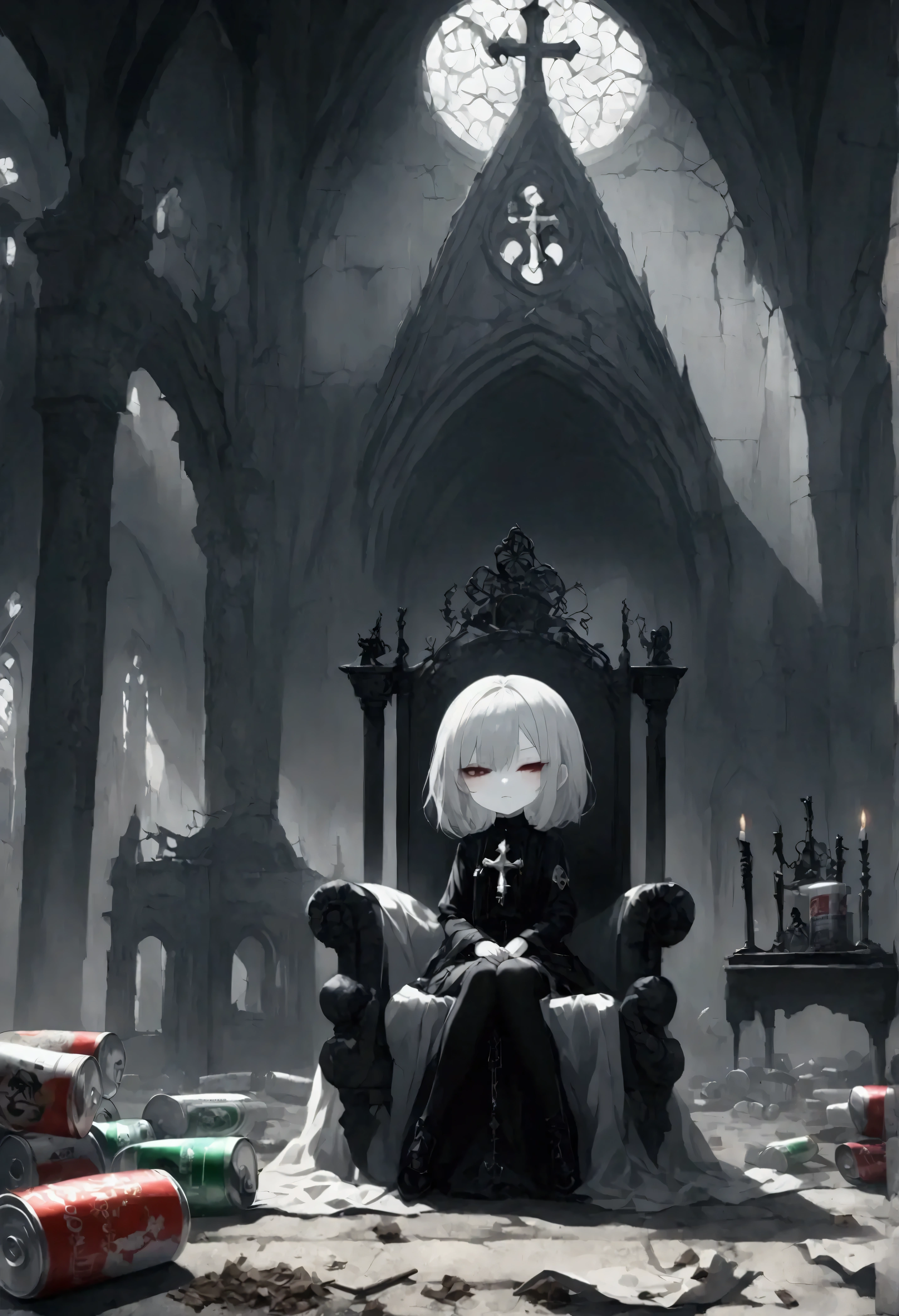 illustration, dark gothic theme,best quality, chibi character, wink,layered bob hair,side braid hair,holding a dark gothic theme, ground shot,1girl,Transparent white skin,derelict room,sitting chair, cross-legged, Magnificent churches, stately thrones, flag waving in the wind, dynamic pose, "Terika" written on the flag, large flowing flag, slight fog, edgy and mysterious mood, subtle shadows, empty beverage cans and cigarette butts scattered around, fits goth-punk aesthetic