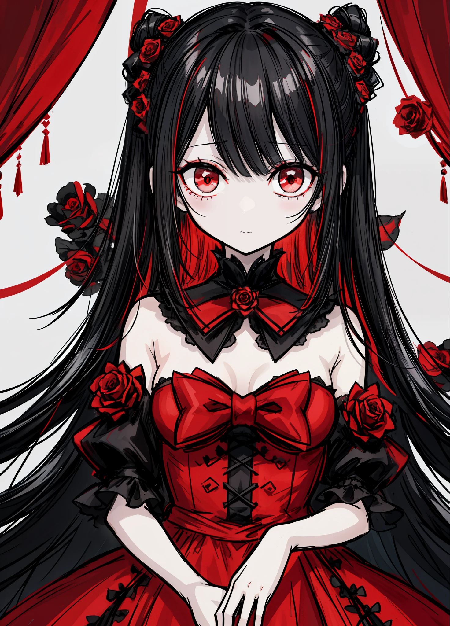 1girl, black hair, (red eye) ,red rose, Red bow,  black noble dress ,pale skin,
(high resolution, high detail, best quality), mysterious, elegant, shy