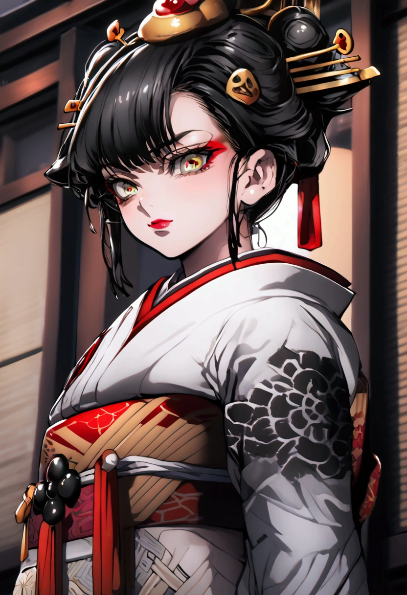 Mamimi style, Daki, queen of spades symbol tattoos, gray hair,  lipstick, hairpin, Jewelry, closed mouth, Green eyes, Yellow eyes, exposed navel, geisha style, double bun,black hair,makeup,hair stick,hair ornament,, Standing holding red sakazuki cup, tatami mat, inside Japanese style house, smirking, pubic tattoo