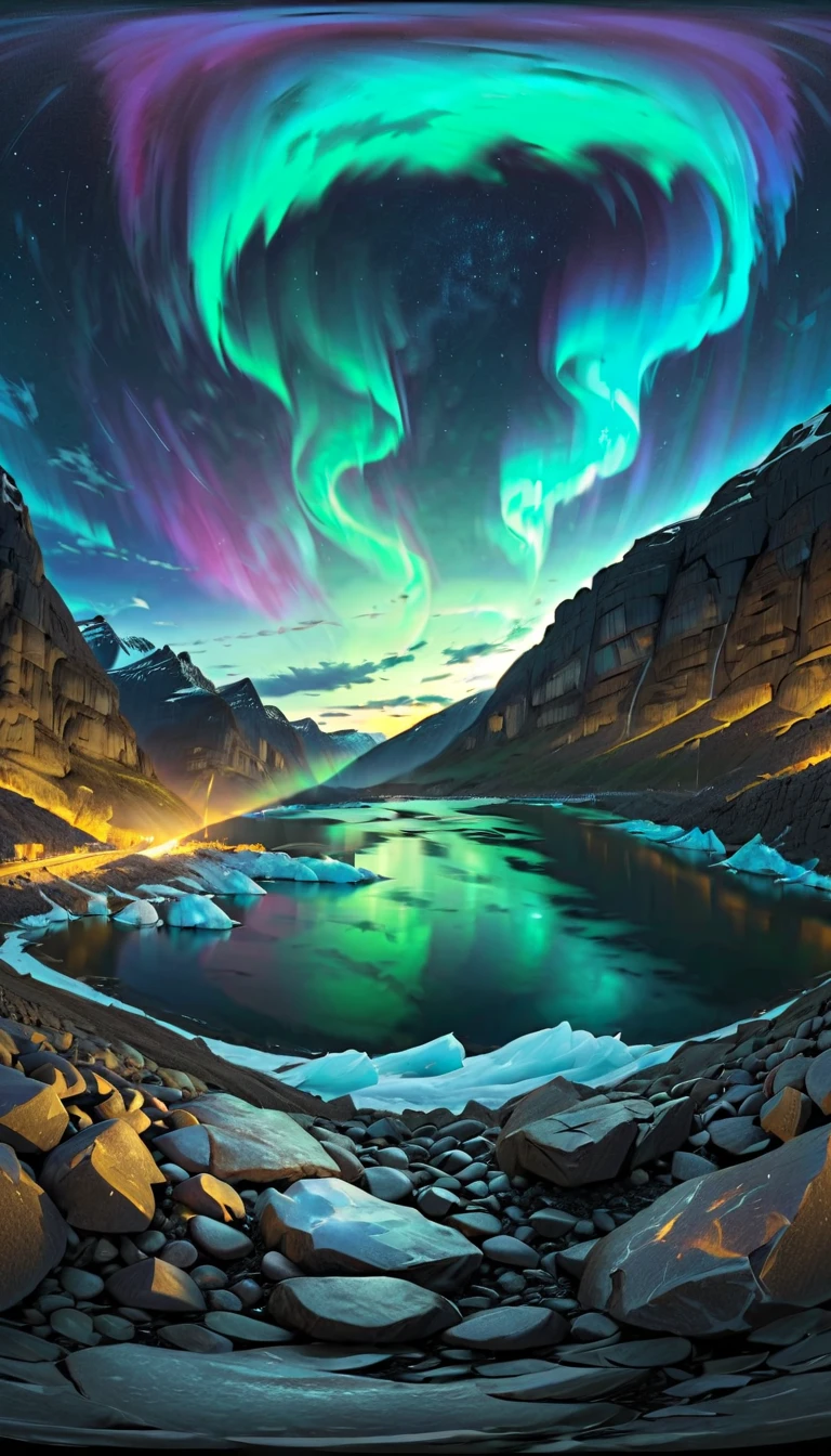 a dramatic landscape of a plunging glacier in a fjord valley, with a breathtaking aurora borealis shimmering in the night sky above, cinematic 360 degree camera view, dramatic lighting, highly detailed, photorealistic, moody atmosphere, stunning colors, serene, epic scale, masterfully composed