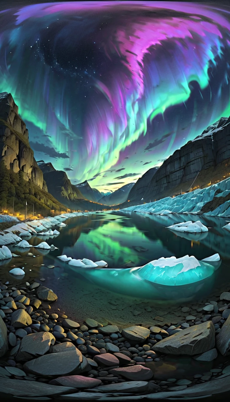 a dramatic landscape of a plunging glacier in a fjord valley, with a breathtaking aurora borealis shimmering in the night sky above, cinematic 360 degree camera view, dramatic lighting, highly detailed, photorealistic, moody atmosphere, stunning colors, serene, epic scale, masterfully composed