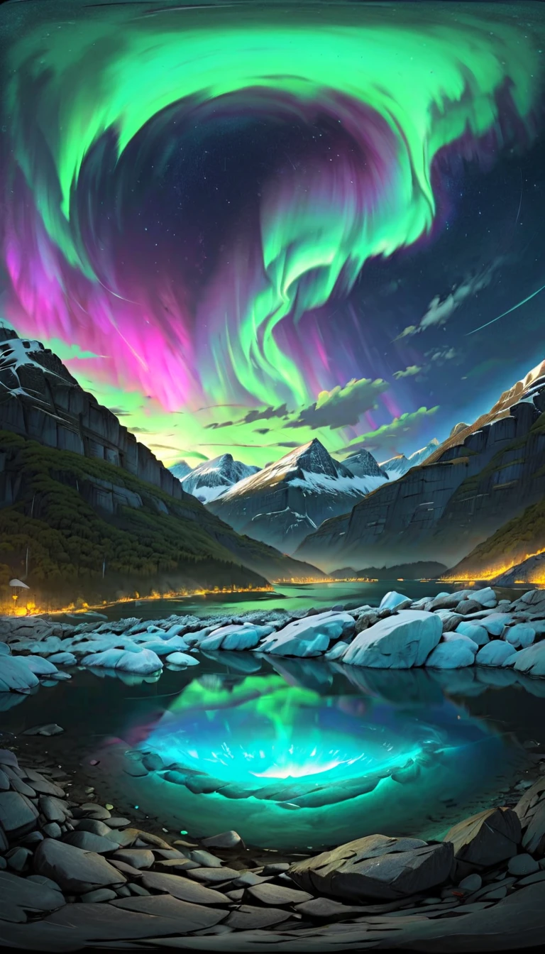 a dramatic landscape of a plunging glacier in a fjord valley, with a breathtaking aurora borealis shimmering in the night sky above, cinematic 360 degree camera view, dramatic lighting, highly detailed, photorealistic, moody atmosphere, stunning colors, serene, epic scale, masterfully composed