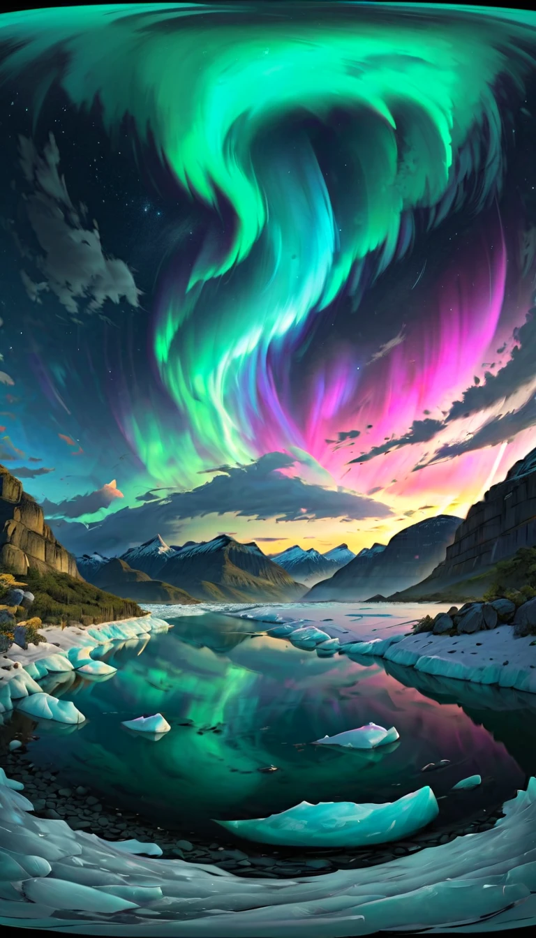 a dramatic landscape of a plunging glacier in a fjord valley, with a breathtaking aurora borealis shimmering in the night sky above, cinematic 360 degree camera view, dramatic lighting, highly detailed, photorealistic, moody atmosphere, stunning colors, serene, epic scale, masterfully composed