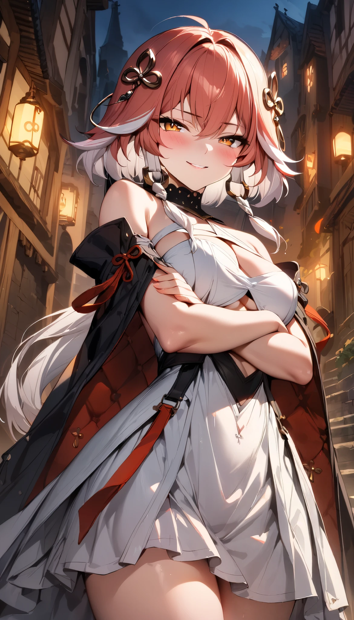 (masterpiece),(best quality),(ultra-detailed),(best illustration),(best shadow),(absurdres),(detailed background),(very aesthetic), changli(wuwa), 1girl, breasts, solo, dress, cleavage, orange eyes, looking at viewer, bare shoulders, white dress, medium breasts, blush, red hair, streaked hair, white hair, seductive smile, from the front, cowboy shot, crossed arms, medieval city background, night, 