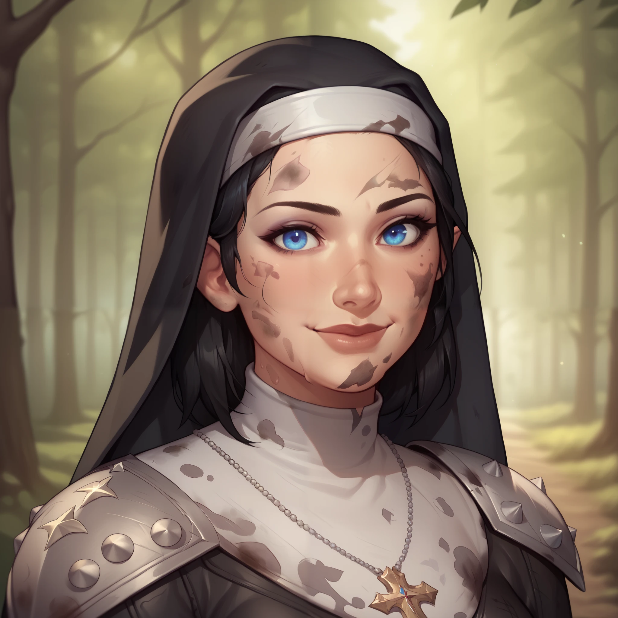 (((beautiful, high quality, comics style, detailed face))), score_9, score_8_up, score_7_up, BREAK, 1girl, duxlipa, warrior nun, small pointed ears, black hair, blue eyes, leather armor, leather shoulder pads, patterns on armor, simple pendant, nun veil, smile, docile, dirty, dusty, female focus, solo:1.4, portrait, upper body, portrait, looking at the viewer, forest background, fantasy, blurred background, Expressiveh, detailxl, DeepNegative_xl_v1