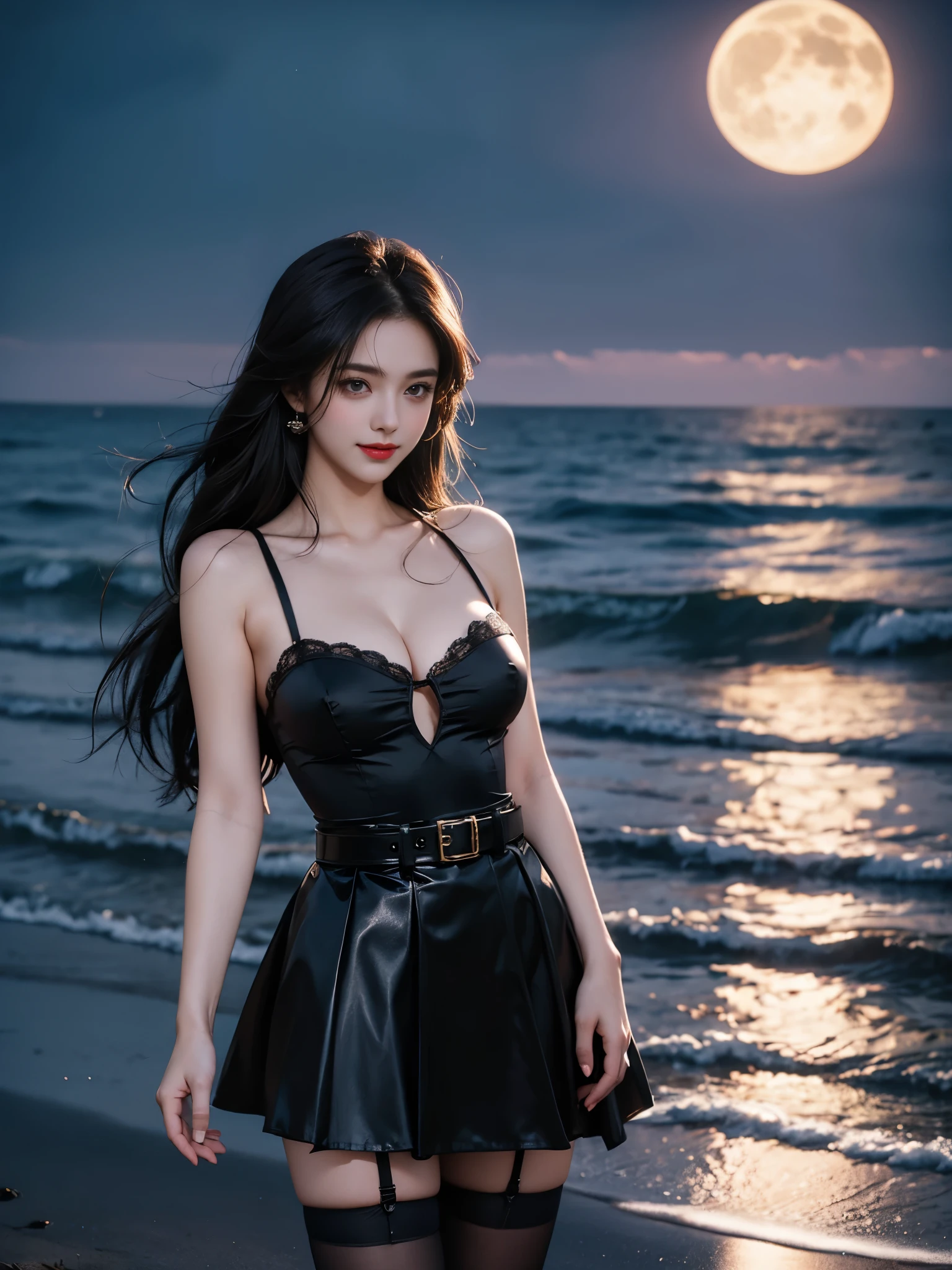 black collared shirt, black bow, waist belt, black plaid miniskirt, pantyhose, thighhighs, garter straps , ((cowboy shot)), (from below), (Full breasts, visible cleavage), (The hemlines are very short), a graceful young woman stands elegantly on a soft beach under the gentle moonlight. Her pose is captivating: one leg naturally supports the body, straight and stable, while the other leg gently bends back, with the tip of her foot lightly touching the ground. Revealing her long, sensual legs. Her upper body is slightly turned to one side, emphasizing her full breasts and noticeable cleavage bathed in warm moonlight. She raises one hand to touch her hair, tilting her head slightly to reveal a confident and sweet smile. Her long hair gently sways in the moonlight, adding a dreamlike atmosphere. The tranquil waves gently lap against the shore, enhancing the serene and magical atmosphere.