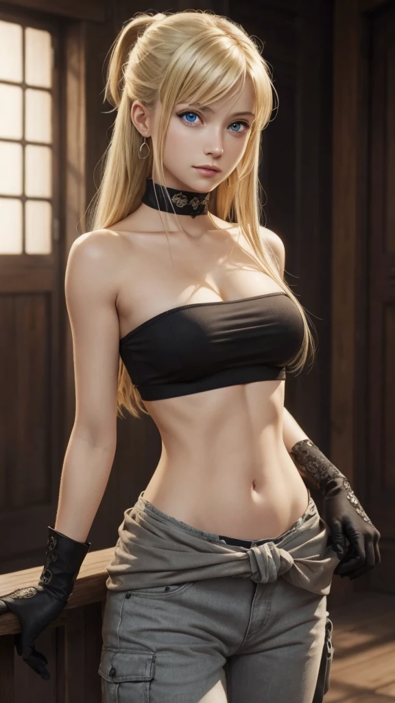 ((最high quality, 8K, masterpiece: 1.3, Ultra HD, high quality, 最high quality, High resolution, realism)) 、(high color saturation:1.0), (highly detailed skin), (最high quality:1.0), (超High resolution:1.0) ,(realistic:1.0), (Super detailed:1.0), (8K, Raw photo:1.1), slender、Slender, muscular body that&#39;s toned like an athlete&#39;s、I don&#39;t want my head to disappear from the screen.、cinematic lighting, sparkle 、25 year old white woman、platinum blonde、long hair、blue eyes、hair above one eye、Queen of the Club、cleavage emphasis、have a whip、Wear long black gloves、lick your lips((licking lips))