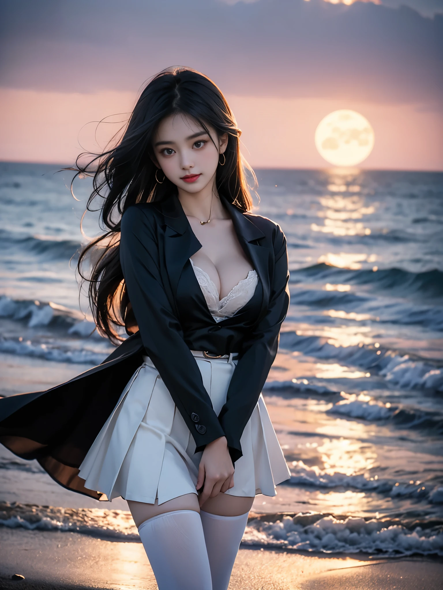 school uniform, long sleeves, black cape, black necktie, wing collar, shirt, belt, skirt, pantyhose, loafers
许可范围:
 , ((cowboy shot)), (from below), (Full breasts, visible cleavage), (The hemlines are very short), a graceful young woman stands elegantly on a soft beach under the gentle moonlight. Her pose is captivating: one leg naturally supports the body, straight and stable, while the other leg gently bends back, with the tip of her foot lightly touching the ground. Revealing her long, sensual legs. Her upper body is slightly turned to one side, emphasizing her full breasts and noticeable cleavage bathed in warm moonlight. She raises one hand to touch her hair, tilting her head slightly to reveal a confident and sweet smile. Her long hair gently sways in the moonlight, adding a dreamlike atmosphere. The tranquil waves gently lap against the shore, enhancing the serene and magical atmosphere.