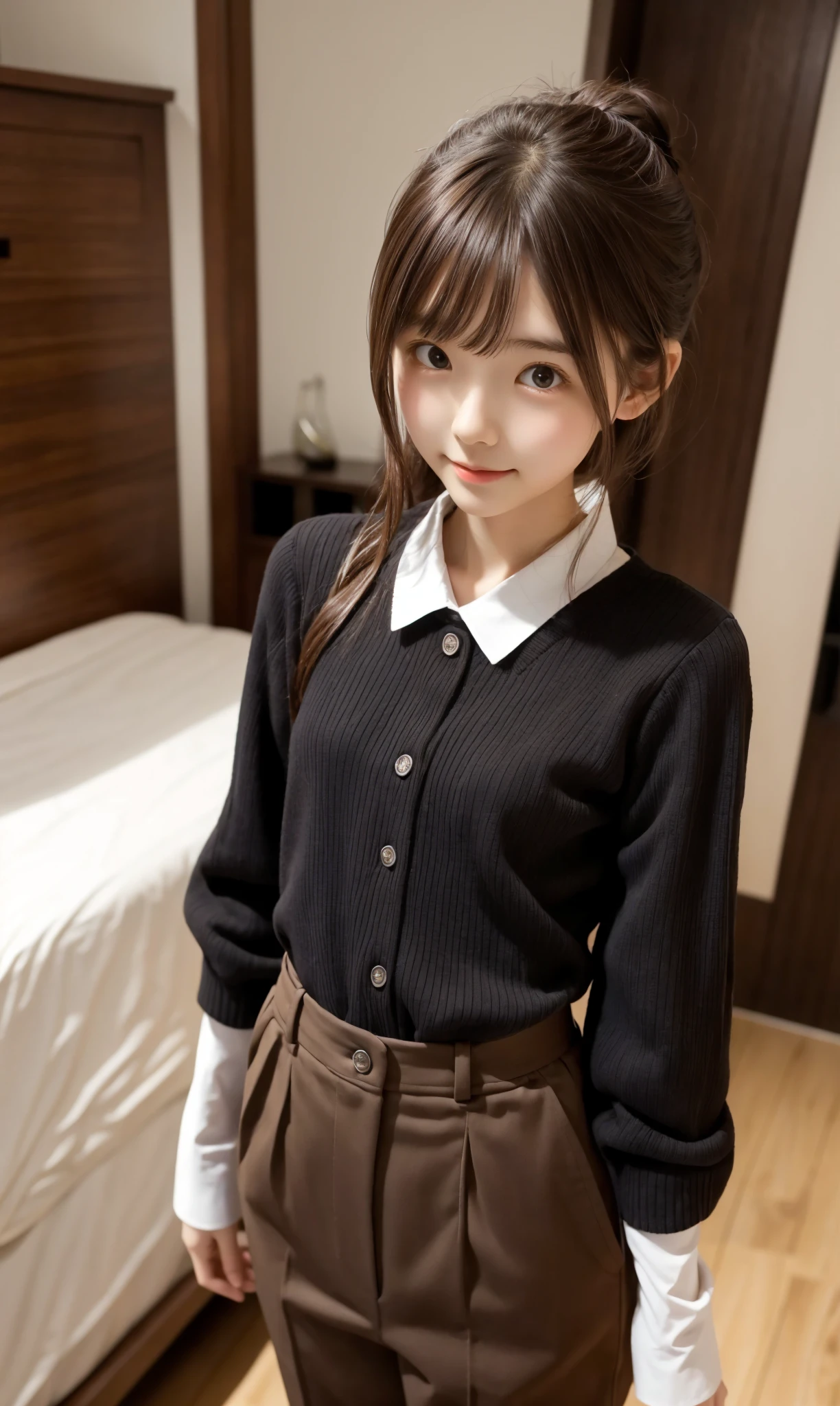 Maid, chignon hair,brown hair,slender body,cute pretty girl