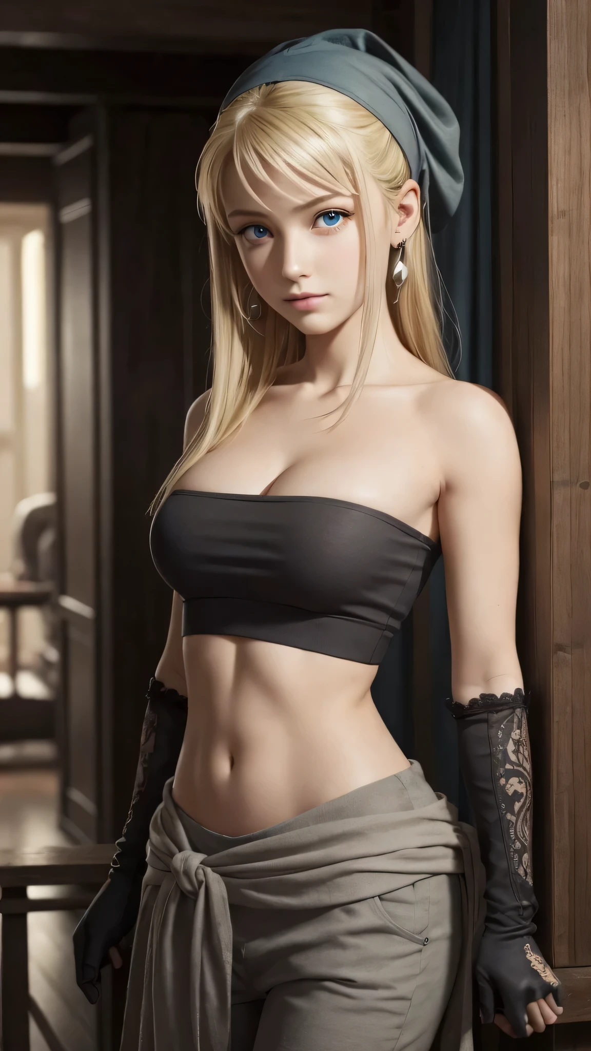 winryrockbell, winry rockbell, blue eyes, blonde hair, BREAK gloves, navel, cleavage, bare shoulders, collarbone, earrings, midriff, pants, stomach, bare arms, strapless, bandana, bandeau, tube top, grey gloves, BREAK indoors, BREAK looking at viewer, BREAK (masterpiece:1.2), best quality, high resolution, unity 8k wallpaper, (illustration:0.8), (beautiful detailed eyes:1.6), extremely detailed face, perfect lighting, extremely detailed CG, (perfect hands, perfect anatomy),