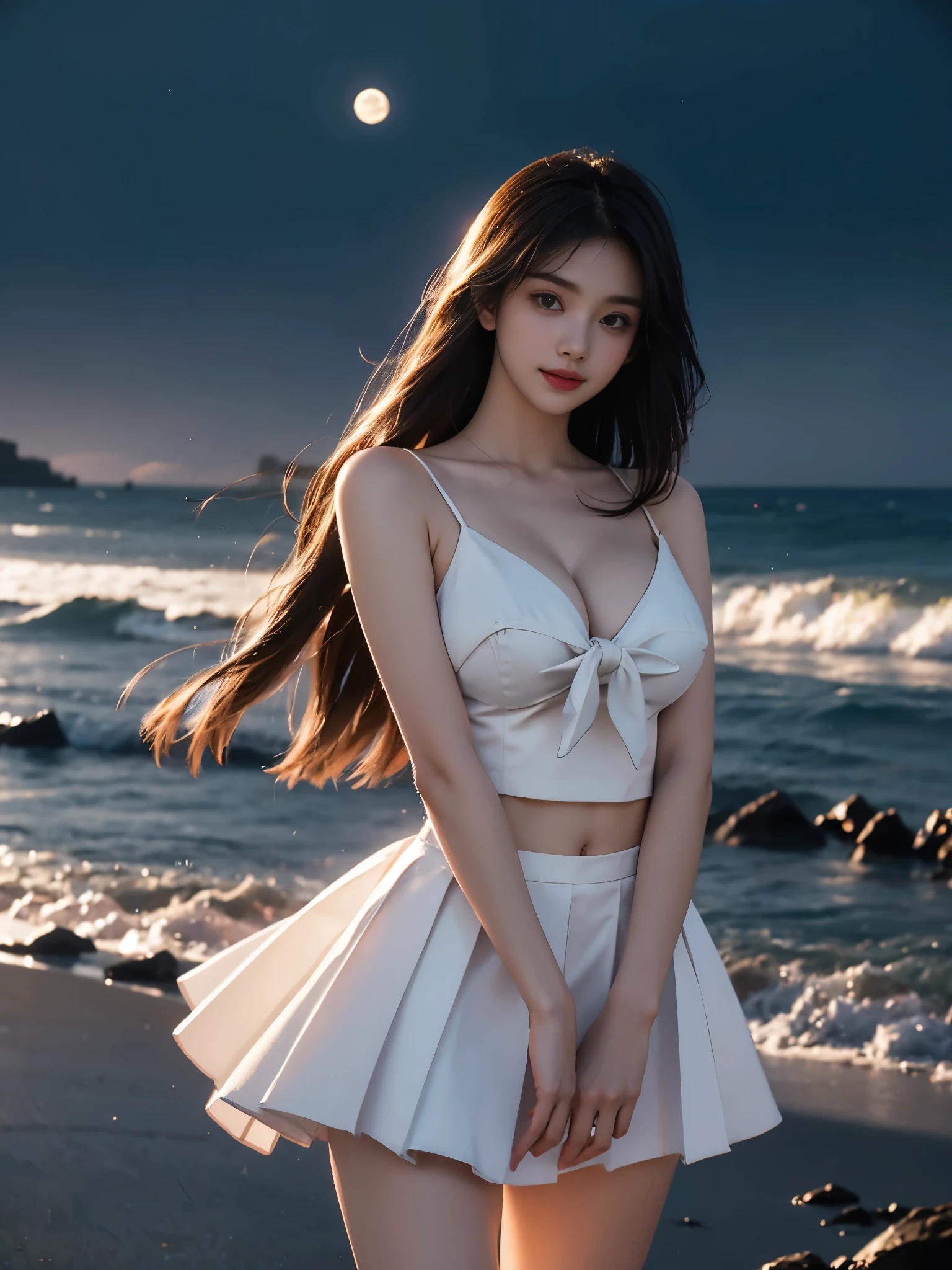 school uniform, white shirt, red tie, blue pleated microskirt ((cowboy shot)), (from below), (Full breasts, visible cleavage), (The hemlines are very short), a graceful young woman stands elegantly on a soft beach under the gentle moonlight. Her pose is captivating: one leg naturally supports the body, straight and stable, while the other leg gently bends back, with the tip of her foot lightly touching the ground. Revealing her long, sensual legs. Her upper body is slightly turned to one side, emphasizing her full breasts and noticeable cleavage bathed in warm moonlight. She raises one hand to touch her hair, tilting her head slightly to reveal a confident and sweet smile. Her long hair gently sways in the moonlight, adding a dreamlike atmosphere. The tranquil waves gently lap against the shore, enhancing the serene and magical atmosphere.