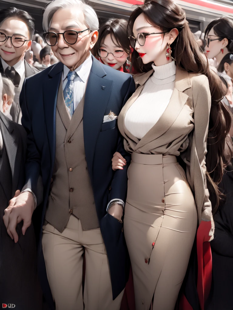 A beautiful woman wearing a revealing skirt suit, her elderly husband hugged and kissed her from behind in the crowded crowd, UHD, masterpiece, textured skin, super detail, best quality, 8k.