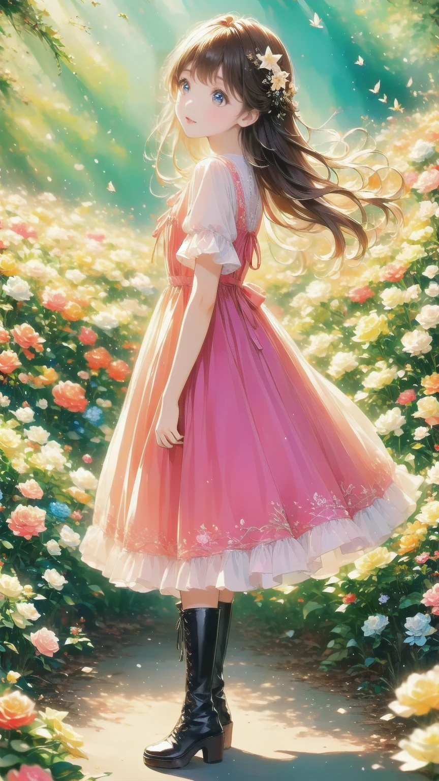 、 beautiful girl、とてもcute天使、 pink gothic dress 、cute、baby face、smile、 long skirt、 black long boots 、
