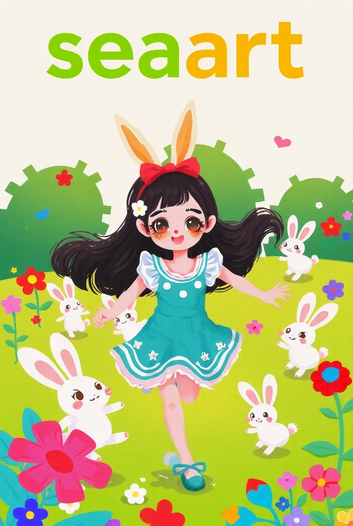 A girl with rabbit ears is running with a carrot, Chasing Little Bunny Girls Chasing Lots of Rabbits,(Show logo in background"SeaArt")