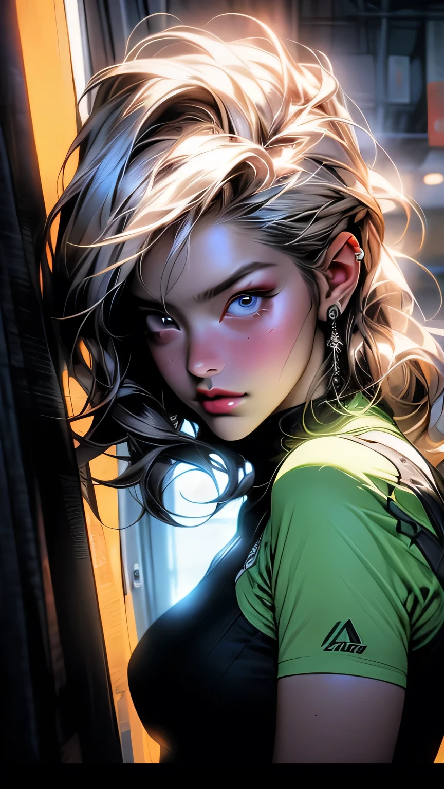 ((masterpiece)), ((best quality)), (ultra detailed), ((extremely detailed)), 4K, (8K), best quality, (beautiful), realistic style, in the room, on the bed, a cute girl, 1 girl, alone, miniskirt, beautiful long multicolored hair, beautiful green eyes, ((beautiful eyes)), long hair, light smile, blush, lens flare, from above, selfie, night, eroticism, sexy, black and white image, between shadows, oil painting, chiaroscuro, sensual, dramatic lighting, moody atmosphere, photorealistic, intricate details, masterpiece, ultra detailed, high quality, 8k, best quality, realistic, cinematic, dark and brooding , expressionist, powerful composition, emotional impact, art inspired by Bill Sienkiewicz and Dave McKean.