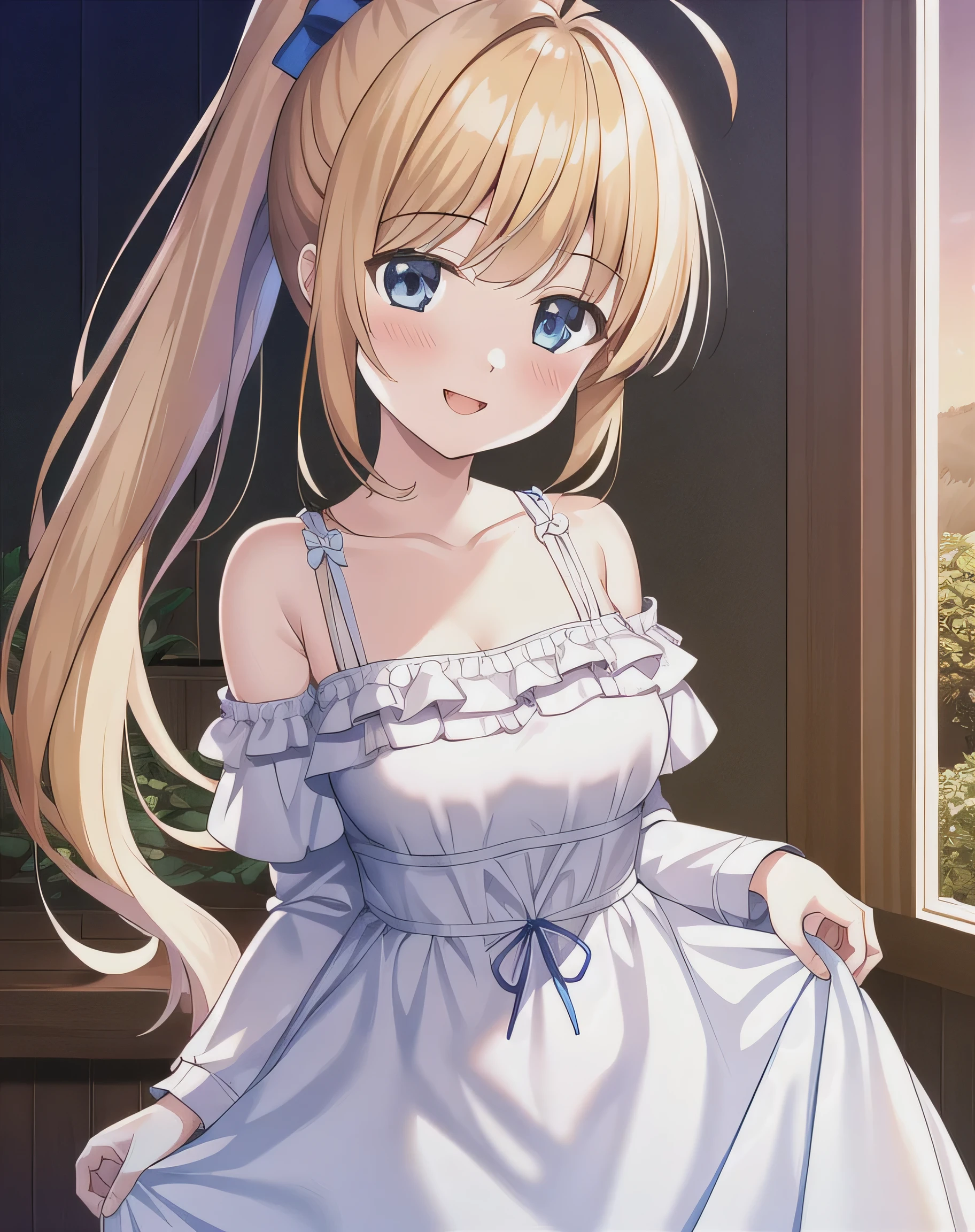 masterpiece,  best quality,  high definition , Game CG,  1 girl , ,Ponytail, blue eyes, Viewers,Ponytail,Blue Eyes,  bangs,Blonde, white dress,Frills,Droopy eyes,Align your bangs,smile,I'm watching ,I have all my bangs, upper body,grassland,Ahoge