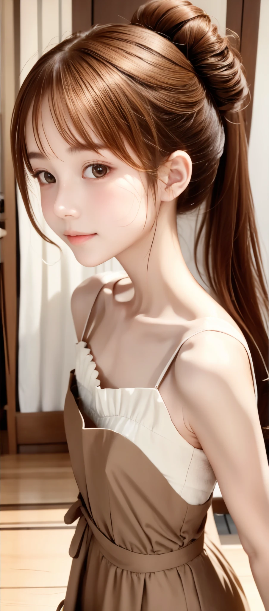 Maid, chignon hair,brown hair,slender body,cute pretty girl