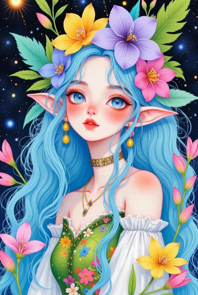 a painting of a woman with blue hair and flowers in her hair, a detailed painting by Ryan Yee, Artstation, pop surrealism, space flower fairy, cute detailed digital art, cute detailed artwork, anime fantasy illustration, elf girl wearing an flower suit, fantasy art style, pop surrealism art style, beeple and jeremiah ketner, colorfull illustration