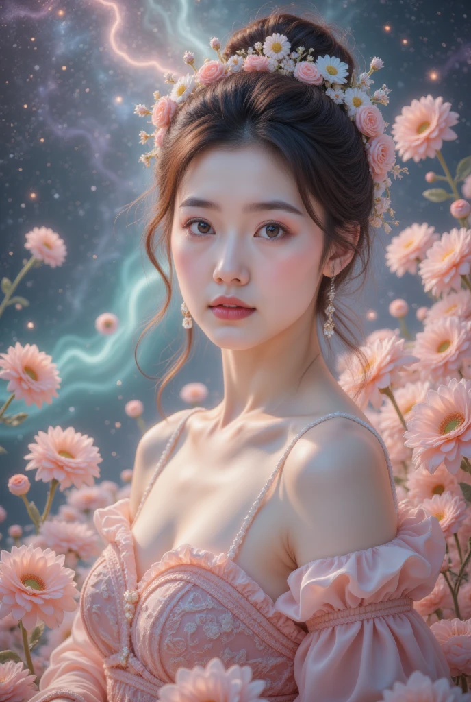 masterpiece 32K RAW 照片，Best quality,  extremely detailed and intricate .  dynamic angle,aurora， constellation，Crescent Moon，earth \(Planet\)，full moon，galaxy，light particles，milky way，night，night sky，Planet，shooting star，sky，space，starry background，starry sky， wonderland，cloud，1 Sister,  unique ,  looks at the viewer ,  blush,  Background and  , black hair color hair, Hair accessories, Long sleeve,  white background , Everlasting, Full body nymphomaniac, sunflower,  flowers are blooming , Flowering, Hair Bun, Butterfly, masterpiece, Recent quality,  Finest Details ,  face with a front view ,  beautiful eyes 