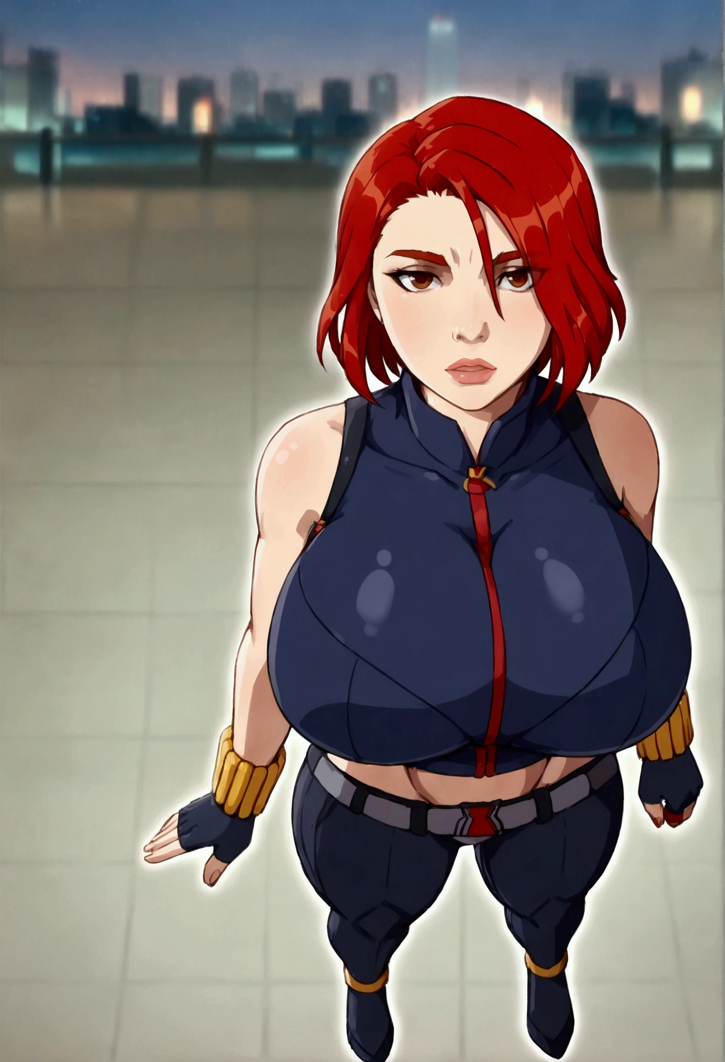 8k, best quality, intricate details, ultra-detailed, ultra highres, depth of field, ,work of art  ((black widow )), russian woman , cut-in, Wearing a coat, fingerless gloves, hand on the waist, ((huge breasts: 1.4)),short top, Highly detailed eyes, red eyes , From  above, , short red hair , red eyes, sleeveless, standing alone,((full body: 1.3)), leather pants, black high heels,best quality, (intricate details:1.2), (delicate detailed), (Cinematic light), clear line, sharp focus, detailed face unity 8k wallpaper, ultra high resolution, Looking at the viewer, background is city,