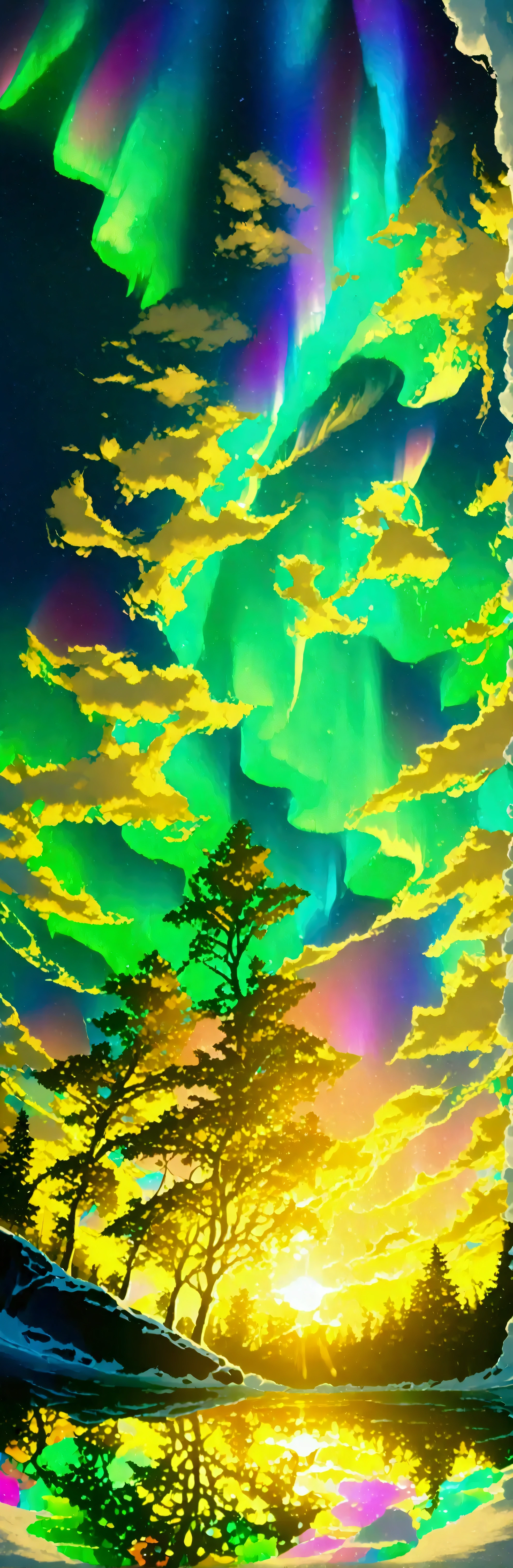 1girl\(cute,student,ager, JK, hair\(cosmic color\), cosmic eyes, black uniform of school, pale skin, tired face, big eyes, dim eyes\) (looking up:1.4) sky, (crystal clear bubbles as if underwater are shining prism here and there in the sky), beautiful sky, ( aurora\(huge, colorful, (realistic), (photogenic)\):1.5),(vivid color:1.4), puddles at ground reflecting aurora, summery colorful crystal flowers are blooming here and there, you can see flowing wind shining, stars sparkling in the sky,from below.(fisheye lens:1.4). BREAK .quality\(8k,wallpaper of extremely detailed CG unit, masterpiece,hight resolution,top-quality,top-quality real texture skin,hyper realisitic,increase the resolution,RAW photos,best qualtiy,highly detailed,the wallpaper,cinematic lighting,ray trace,golden ratio\), awarded photo,landscape