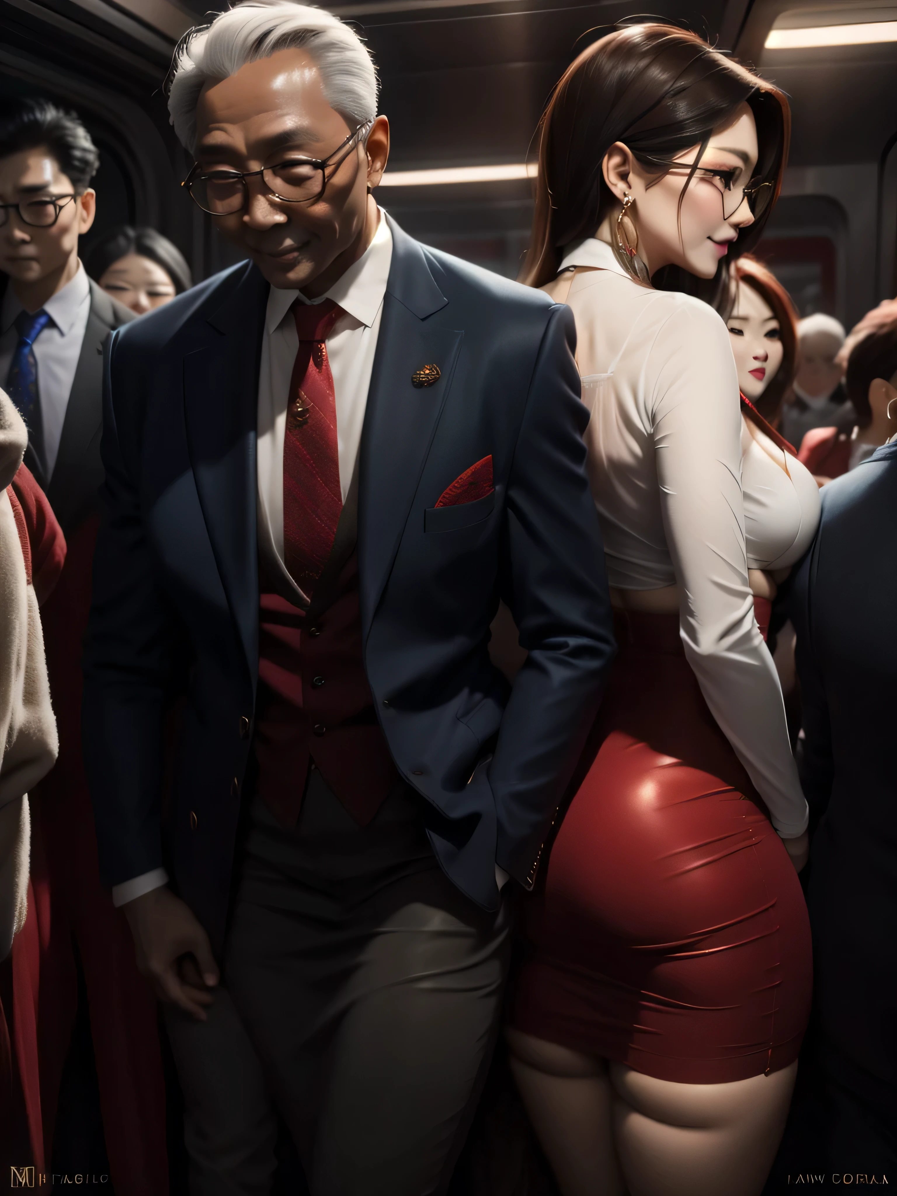A beautiful woman wearing a revealing skirt suit, her elderly husband hugged and kissed her from behind in the crowded crowd, UHD, masterpiece, textured skin, super detail, best quality, 8k.