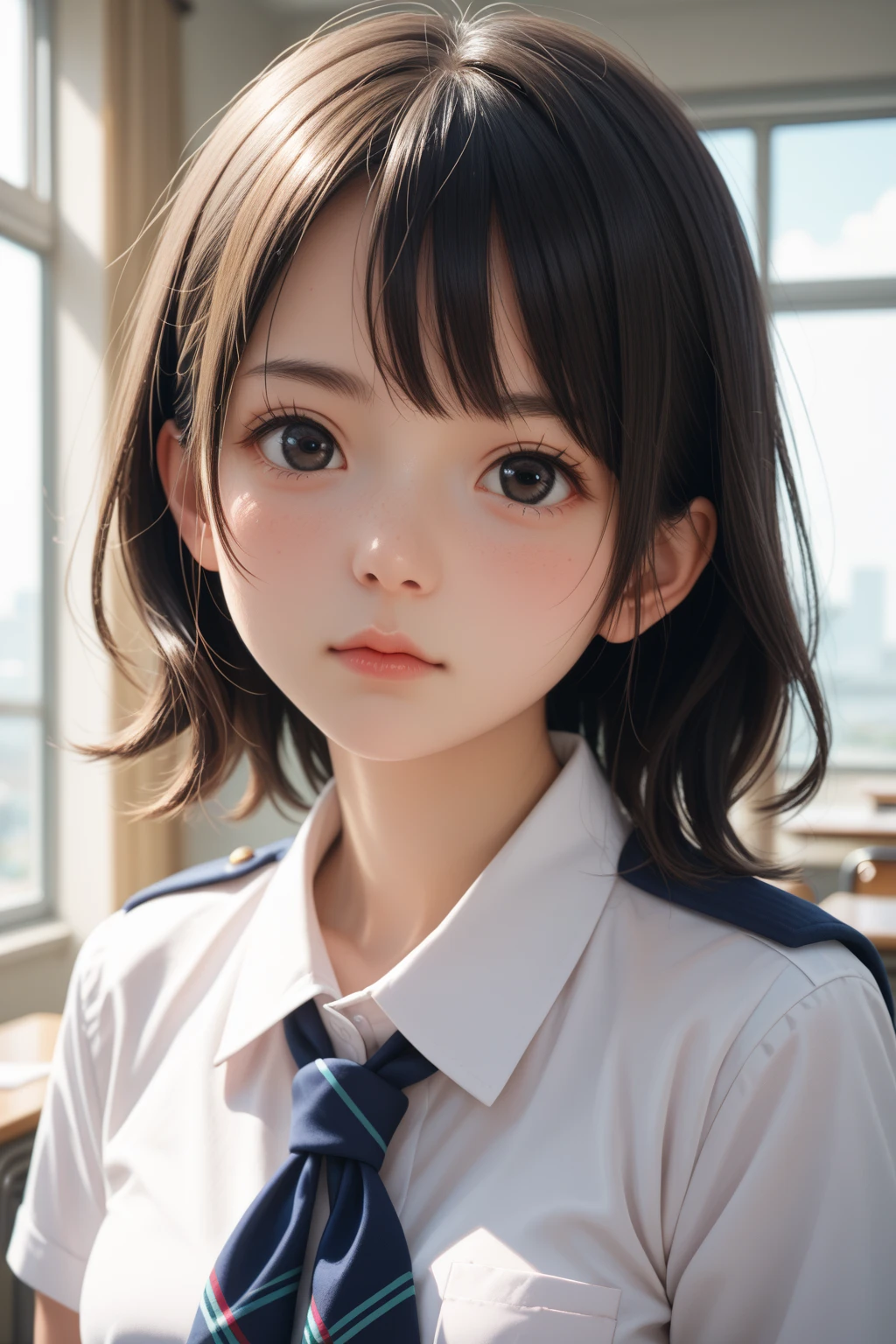 score_9,score_8_up,score_7_up,BREAK, rating_safe,source_real,one girl,tiny,medium shot,round face,round chin,idol eyes,black eyes,school uniform,small nose,small mouth,straight hair,looking at viewer,medium breasts,indoors